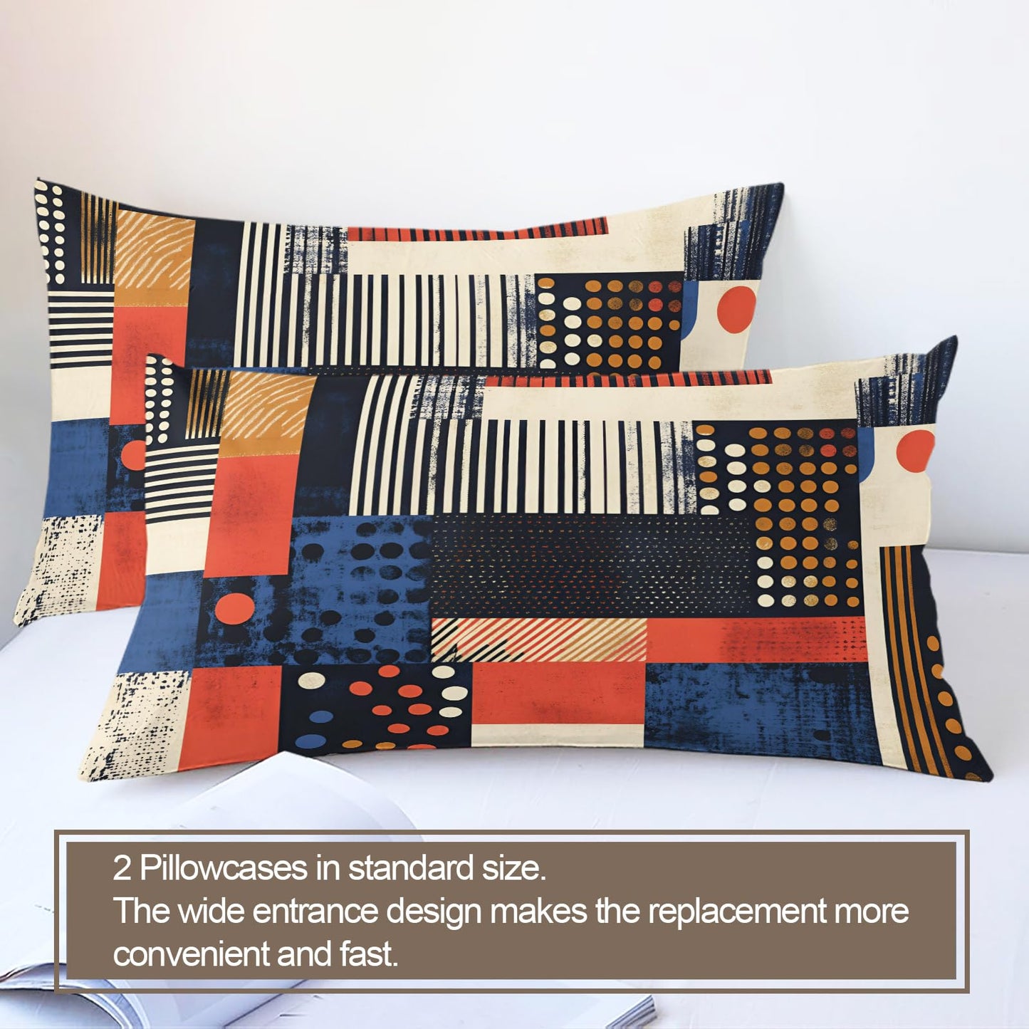 GKPLY Geometric Blocks Comforter Set King, Strip Dot Distressed Duvet Cover Set, Mid Century Bedding Set & Home Decor, Zipper & Ties, Reversible Print - Boho Abstract Quilt & 2 Pillow Cases