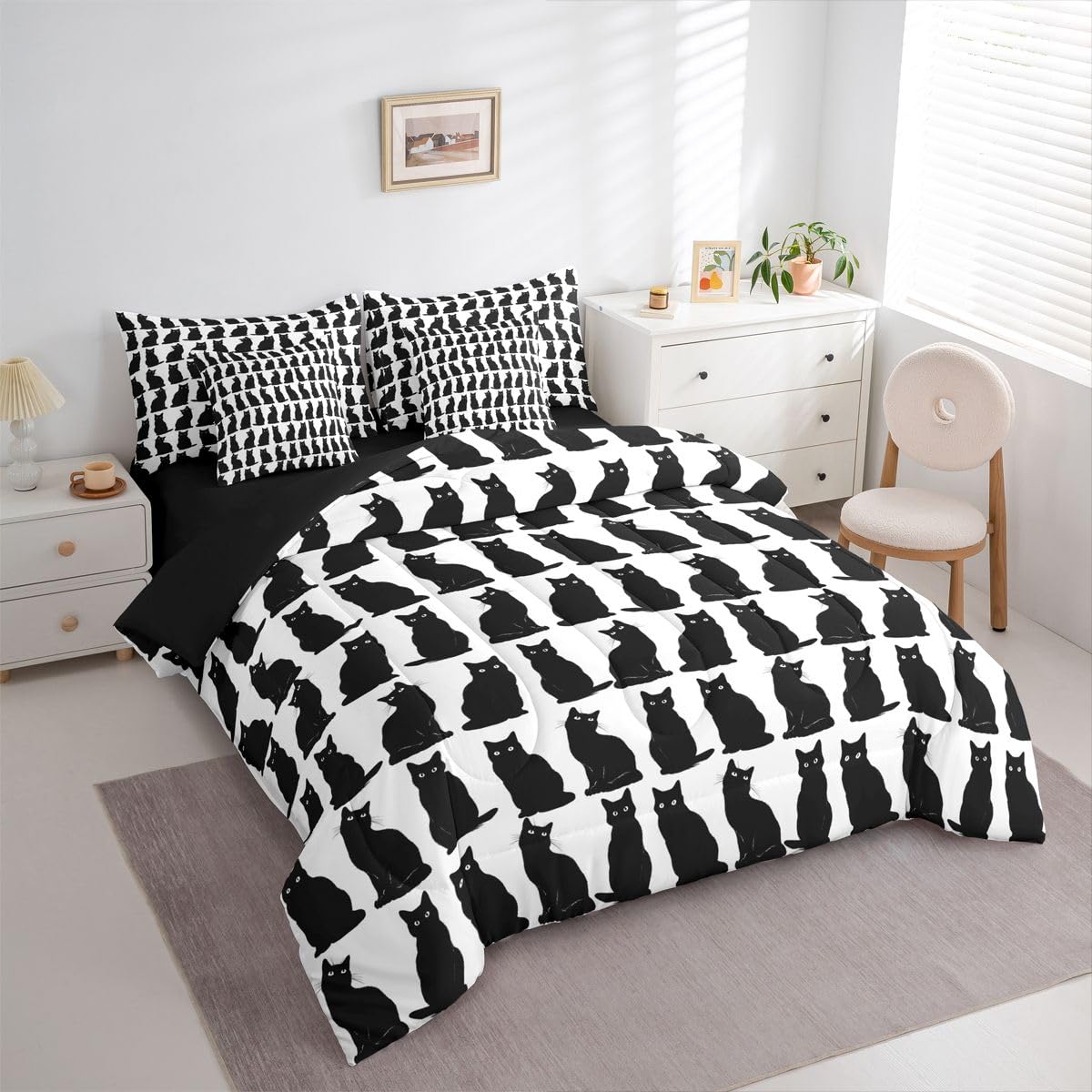Erosebridal Black Cat 7-Piece Bedding Set Full Size for Kids Teens | Boys Girls Cute Cat Bed in a Bag Cartoon Black Cats Comforter Set with Sheets Geometric Kawaii Kitten Pet Duvet Insert