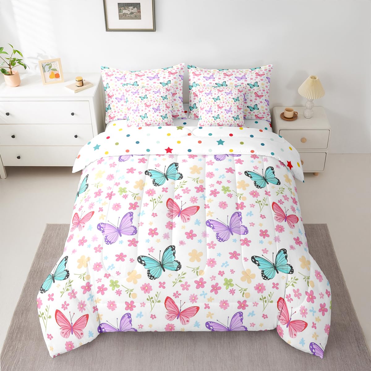 Feelyou Butterfly Comforter Set with Sheets 7 Piece Queen Size Girl Butterfies Floral Bedding Set for Kids Boys Girls Cute Bed in a Bag Garden Plant Room Decor White Pink Purple Soft Lightweight