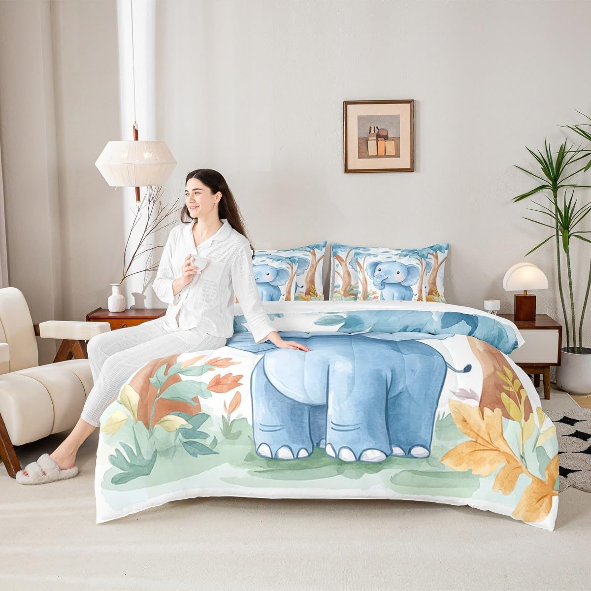 Erosebridal Kawaii Elephant Twin Size Comforter Set with Sheets Kids | Cartoon Safari Wild Print 7-Piece Bedding Set Watercolor Green Eucalyptus Bed in a Bag African Jungle Animal Bed Quilt Sets