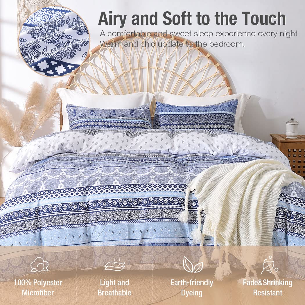 Lekesky Boho Queen Size Duvet Cover Set, Boho Blue Retro Comforter Cover Queen Size Floral Striped Printed, Luxury Soft Microfiber Bedding Set with Zipper Ties