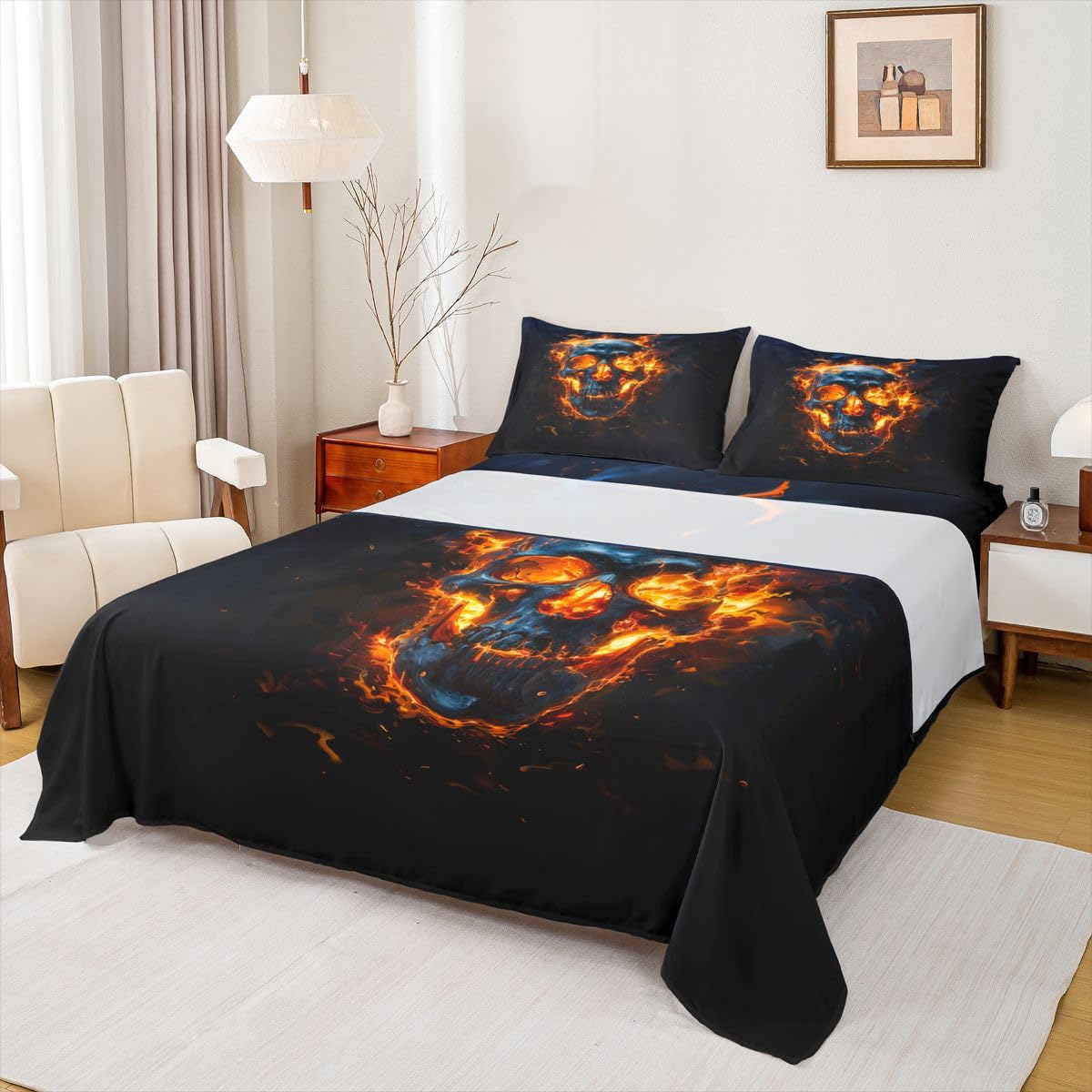 Feelyou Sugar Skull Bed Sheets Set Full Size Halloween Themed Deep Pocket Fitted Sheet Flame Bedding Sets Goth Soft Bed Set 4Pcs with 2 Pillow Cases Cemetery