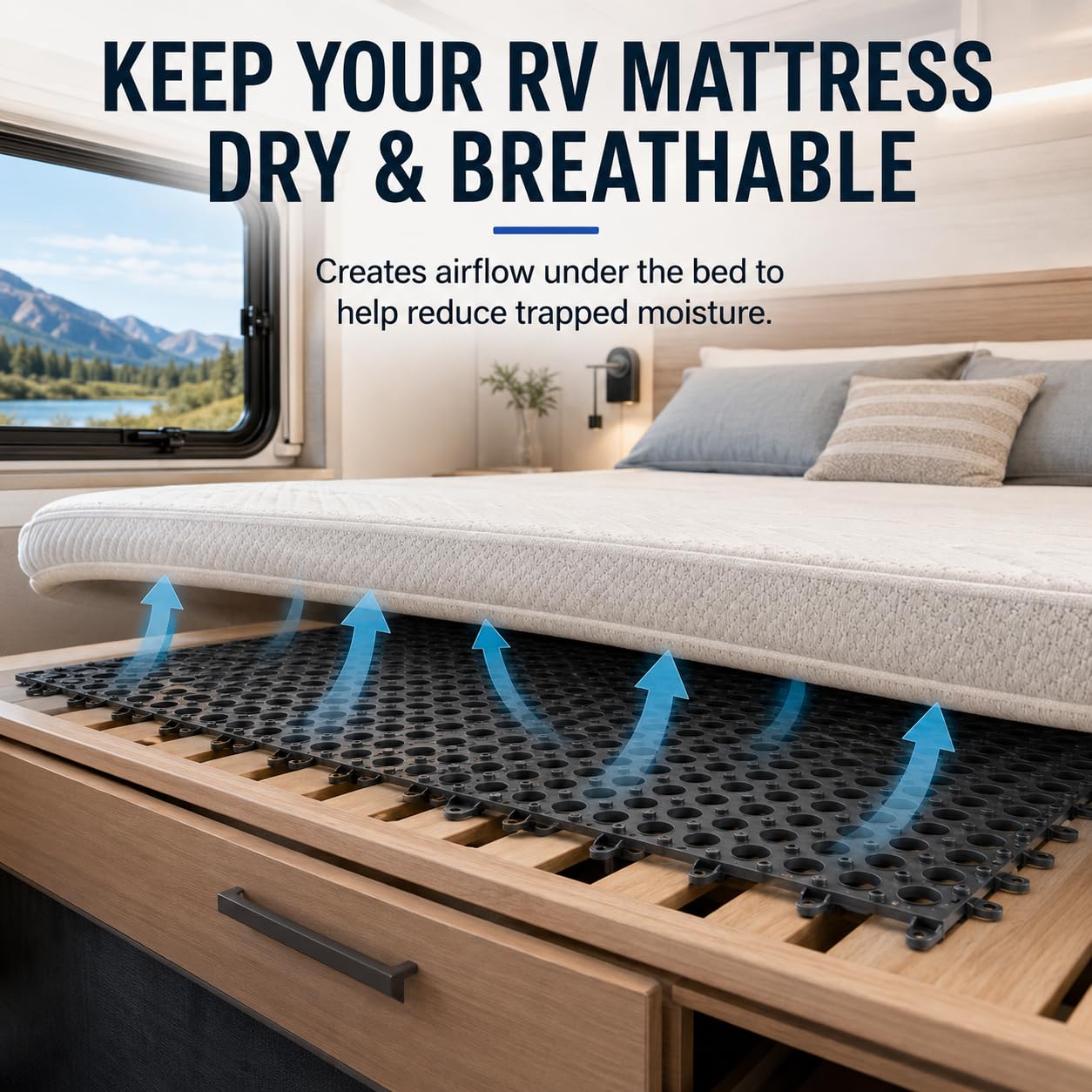 Plastic Ventilated Mattress Underlay Pad, 83" x 59" Breathable Mesh RV Under Mattress Ventilation Pad, Modular Interlocking Underlay for RV, Boat, Camper (Black)