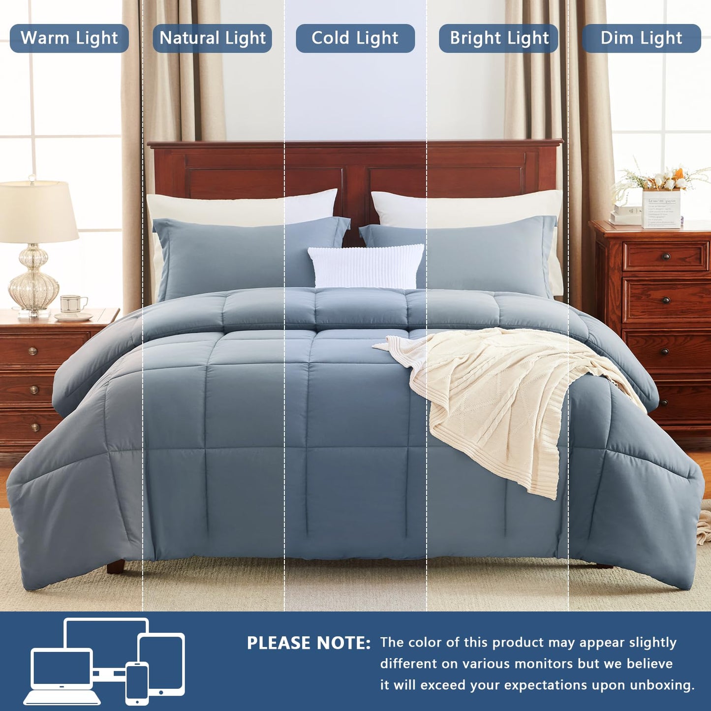 CozyLux Queen Comforter Set - 270GSM Grayish Blue Bedding Sets for All Seasons, 3 Pieces Box Stitched Bed Set with 1 Down Alternative Comforter and 2 Pillow Shams, Soft, Lightweight, Breathable
