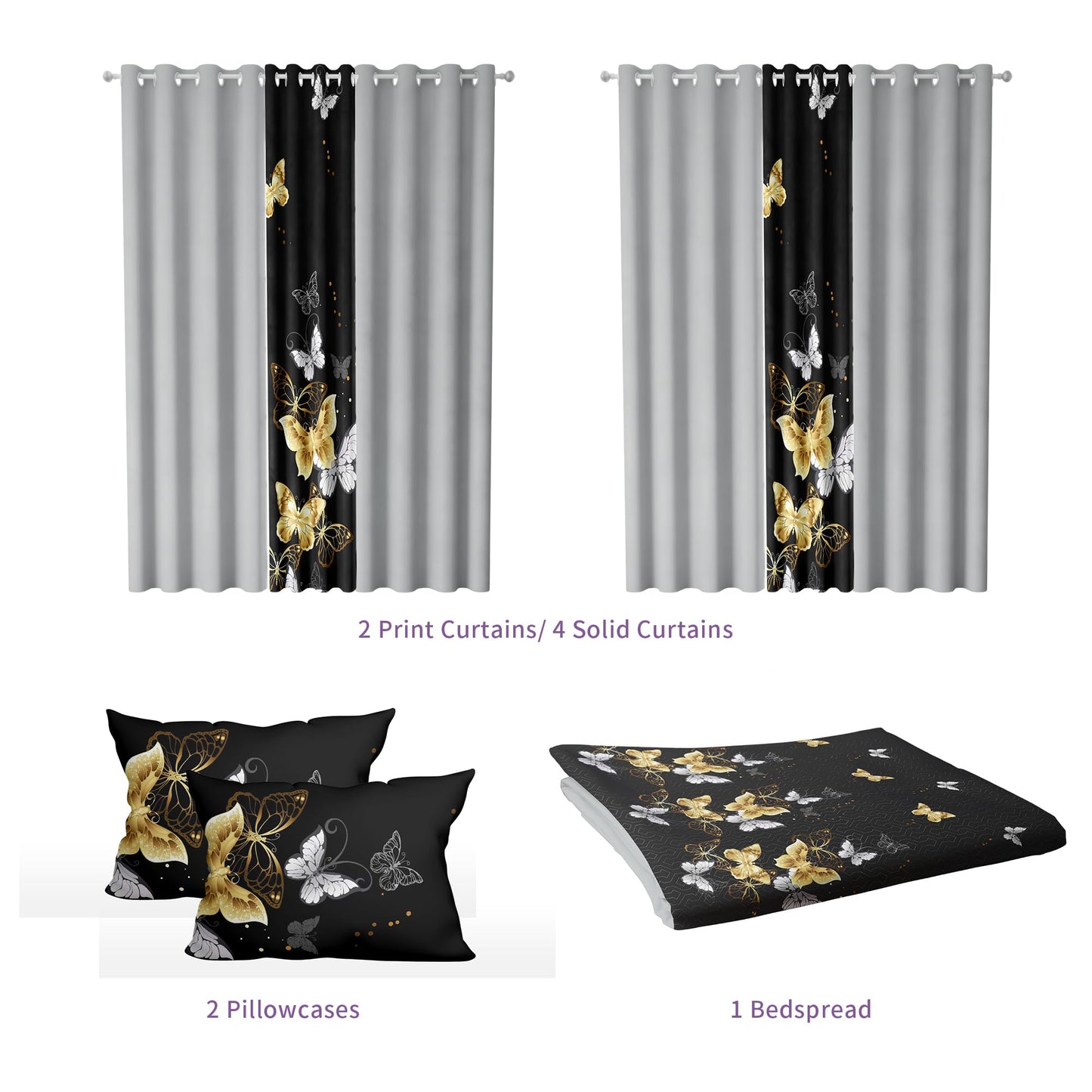 Deepsleep King Bedspread Set 9 Pieces, All Season Luxury Bed in a Bag for Bedroom, with 2 Pillowcases and 6 Curtains, Ultra-Soft Microfiber for Complete Bedroom Decor, Black Gold Butterfly