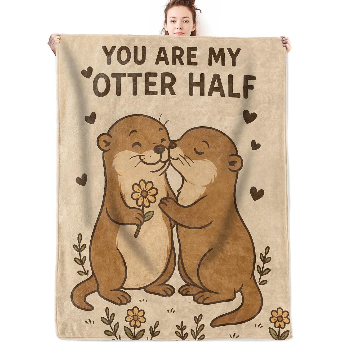 olpddz Cute Otter Flannel Blanket Valentine Gifts for Couple,60x50inch,Romantic Cartoon Animal and Flower Throw Blankets,for Bedroom,Couch,Living Room,Camping,Anniversary Decor Throws