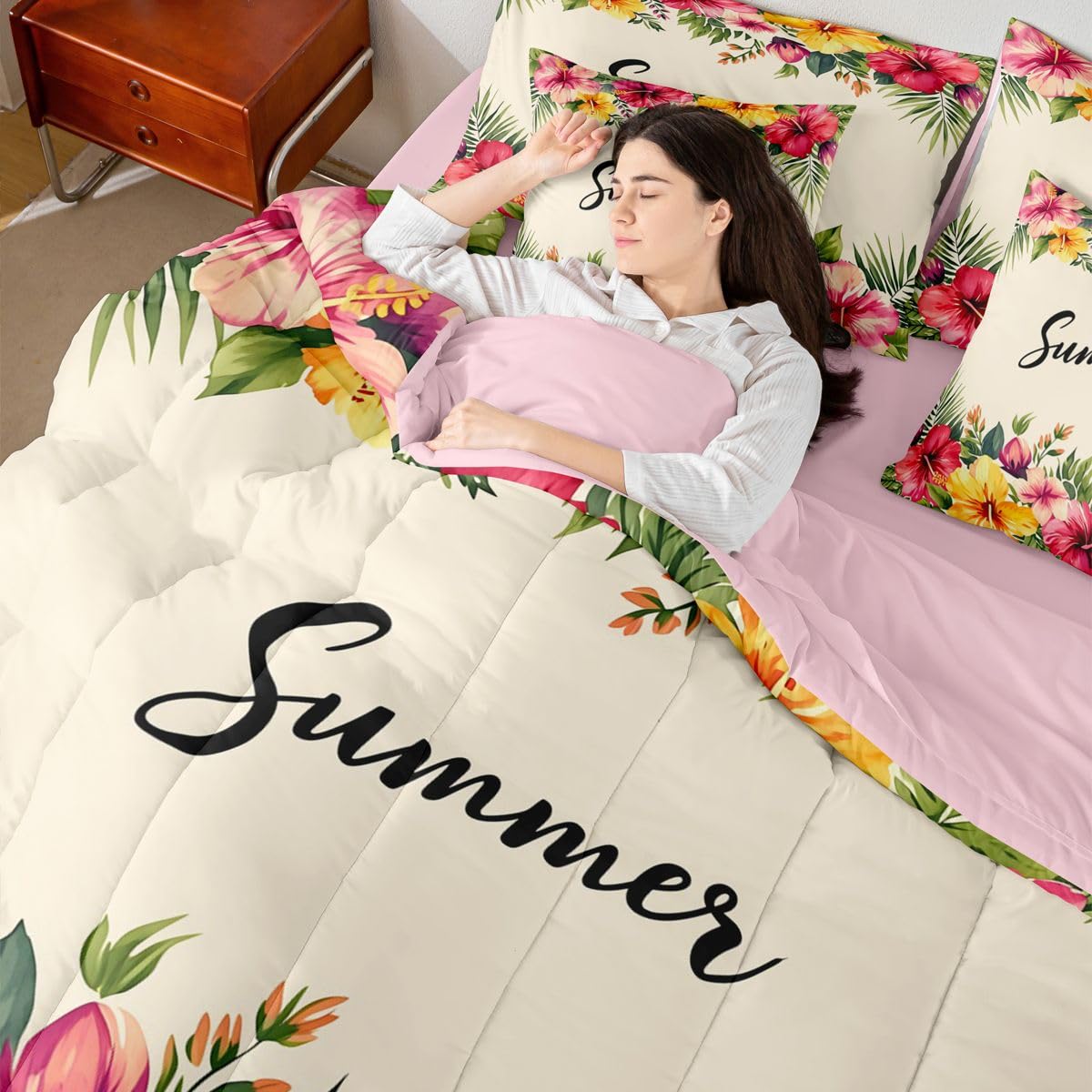 Erosebridal Tropical Hibiscus Queen Bedding Set Pink Yellow Watercolor Floral Comforter Set Girls Women Summer Hawaiian Flower 7-Piece Bed in a Bag Beach Vacation Art Quilt Sets