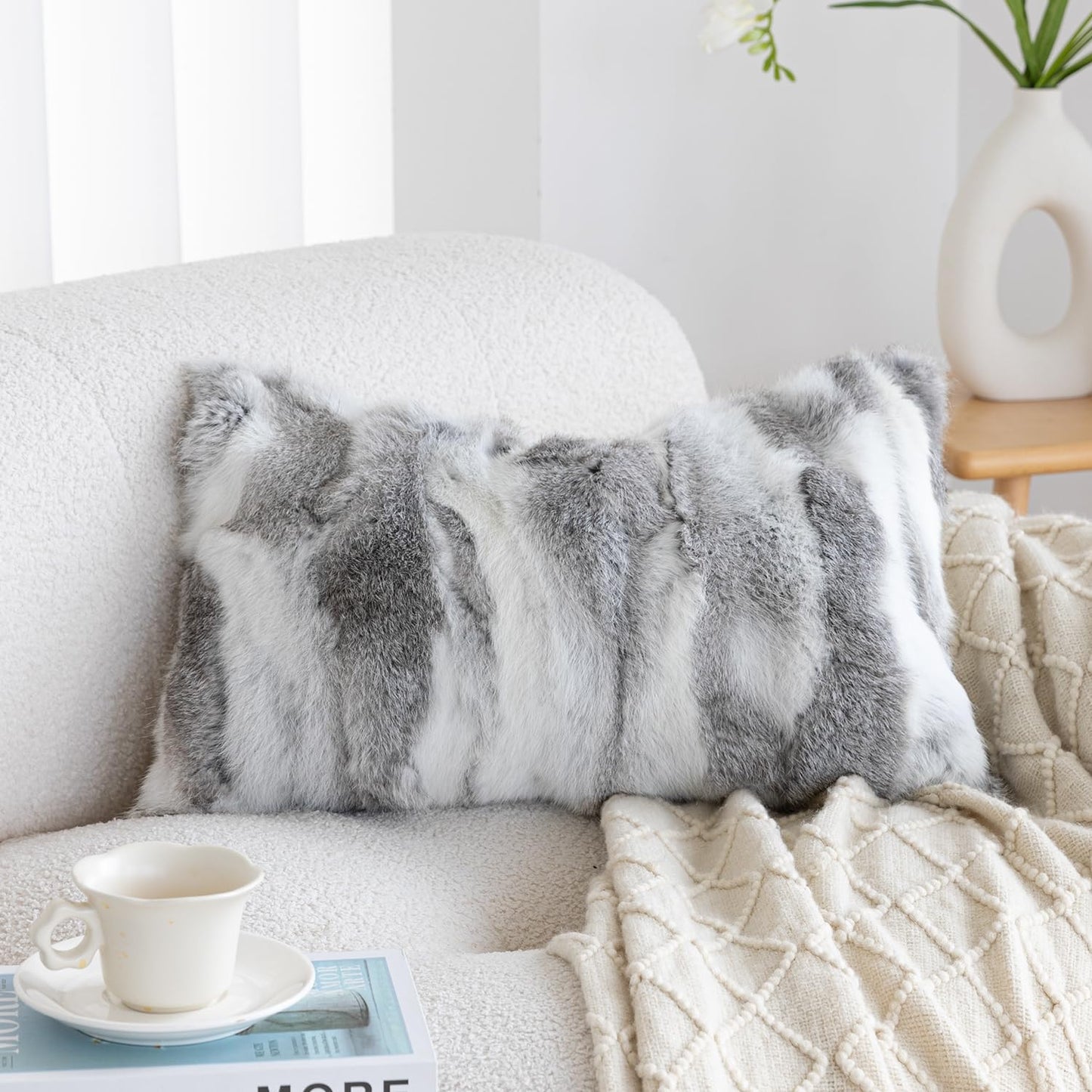 ROSE FEATHER Genuine Rabbit Fur Pillow Covers Set of 2, Luxury Decorative Throw Pillowcases Fluffy Animal Skin Accents Bolster Cushion Cover for Couch Sofa Bedroom Living Room Home,12x20inch, Grey