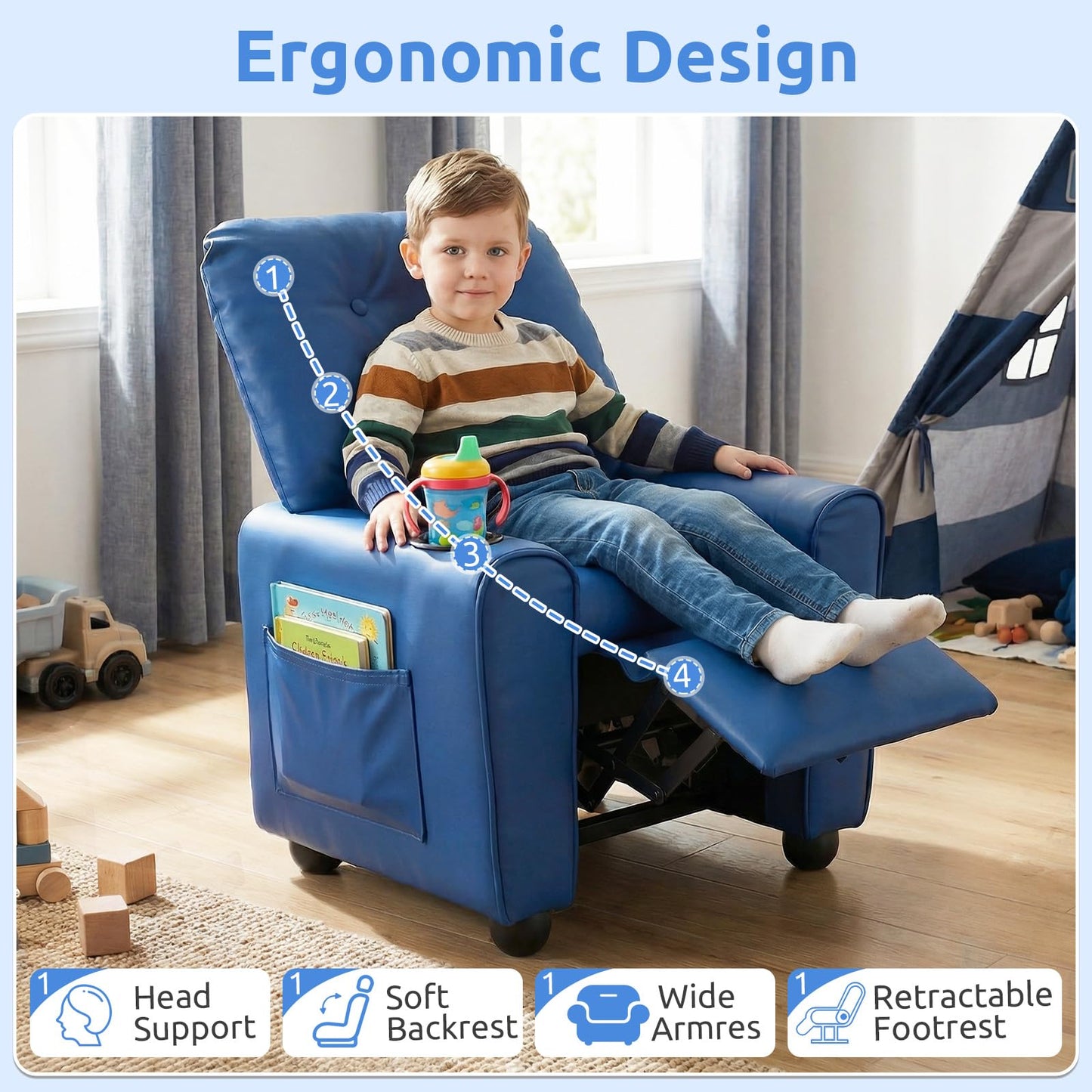INFANS Kids Recliner, Toddler Lounge Chair with Adjustable Backrest Footrest Cup Holder Side Pockets, PU Leather Toddler Couch