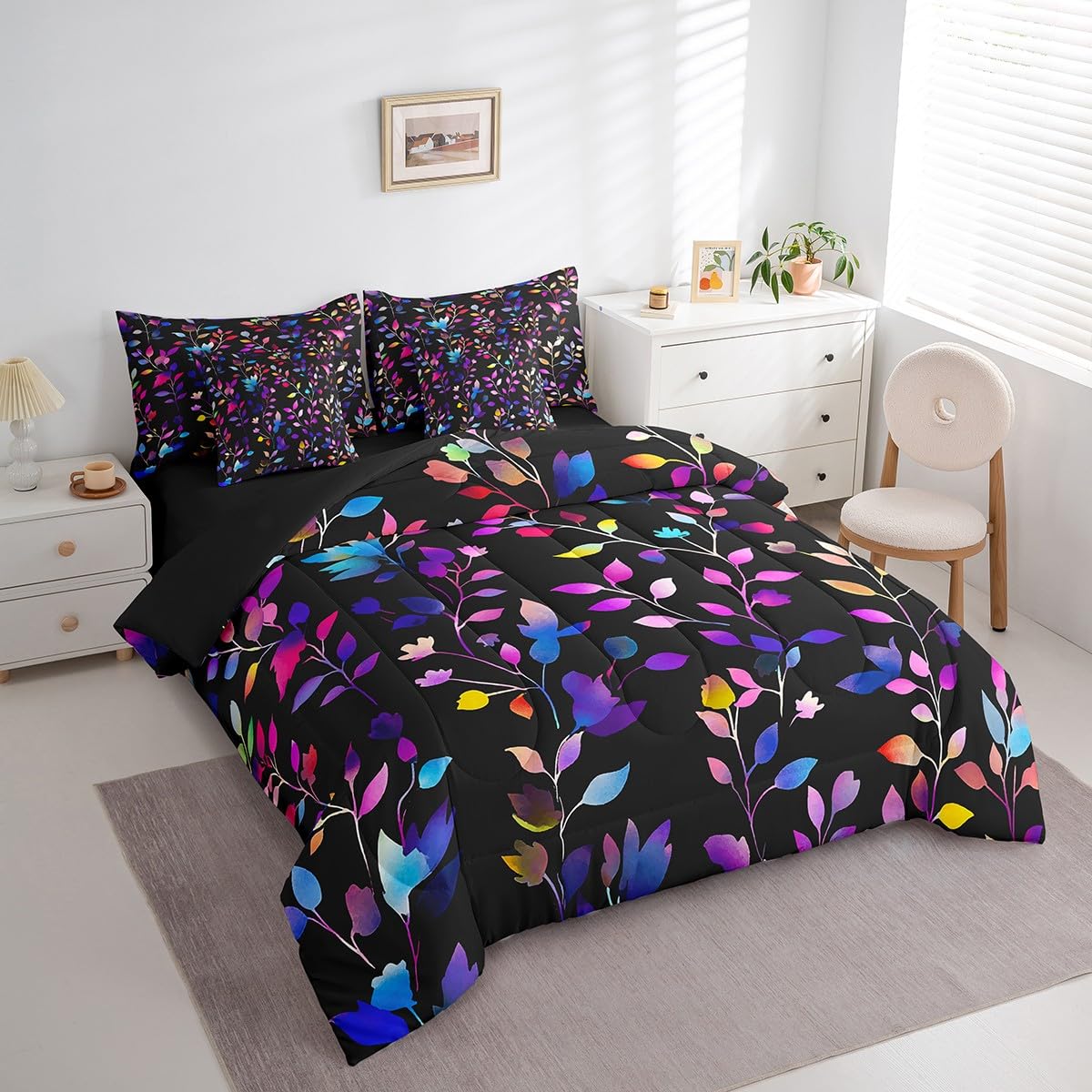 Erosebridal Botanical Comforter Set 7 Piece Bed in a Bag Twin,Tree Branches Leaves Bedding Sets Rustic Plant Leaf Sheet Set with Comforter,Jungle Bed Set