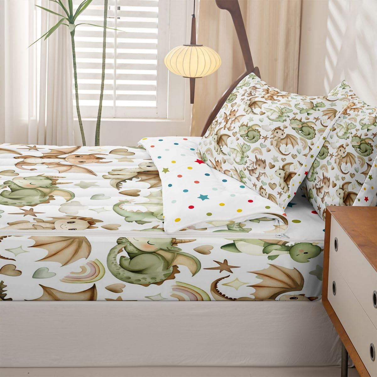 Erosebridal Dragon Zipper Bedding Set Twin Nursery Green Brown Dragons Zip Up Comforter Set with Sheets Kids Boys Girls Cartoon Animals Bed in a Bag Stars Rainbow Heart Pattern Bed Sets