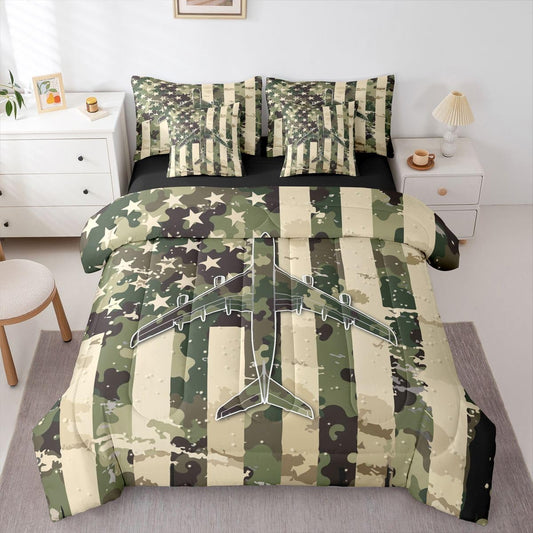 Erosebridal 7 Pcs Camo American Flag Comforter Set Twin Camouflage Military Aircraft Bedding Set for Boys Kids Teens Men Army Green Airplane Bed in A Bag with Sheets Vintage Patriotic Plane Bed Sets