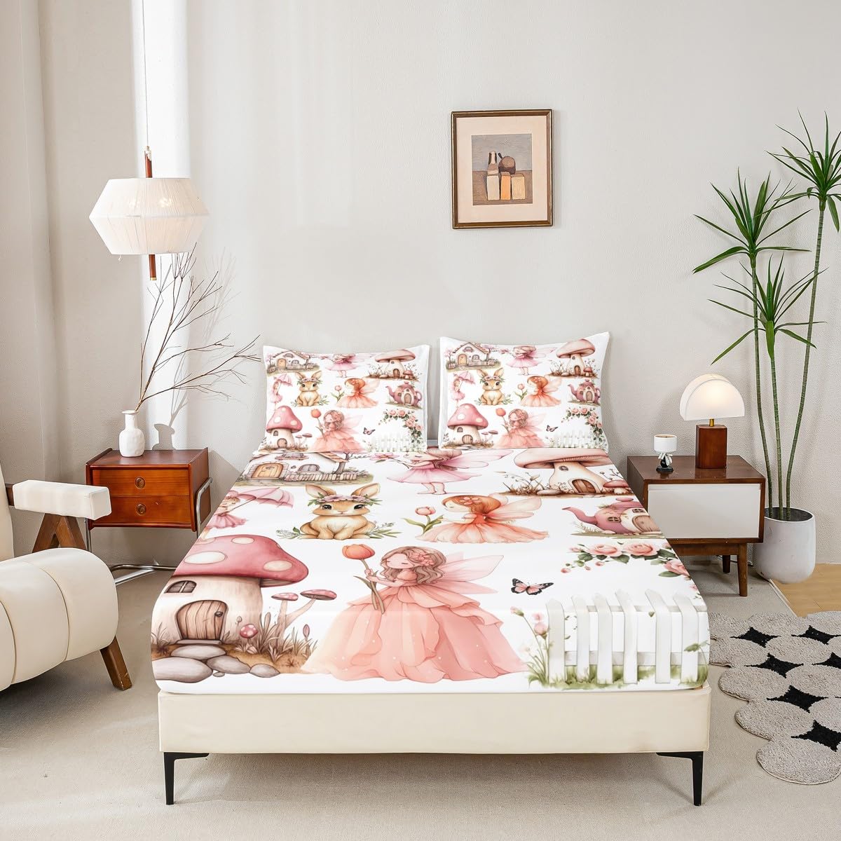 Erosebridal Pink Fairy Garden Twin Fitted Sheet - Mushroom Floral Bedding Set for Girls Kids, Butterfly Flower Bunny Bottom Sheets Only | Kawaii Fairies Girly Bed Set 2 Piece Bedroom Decor