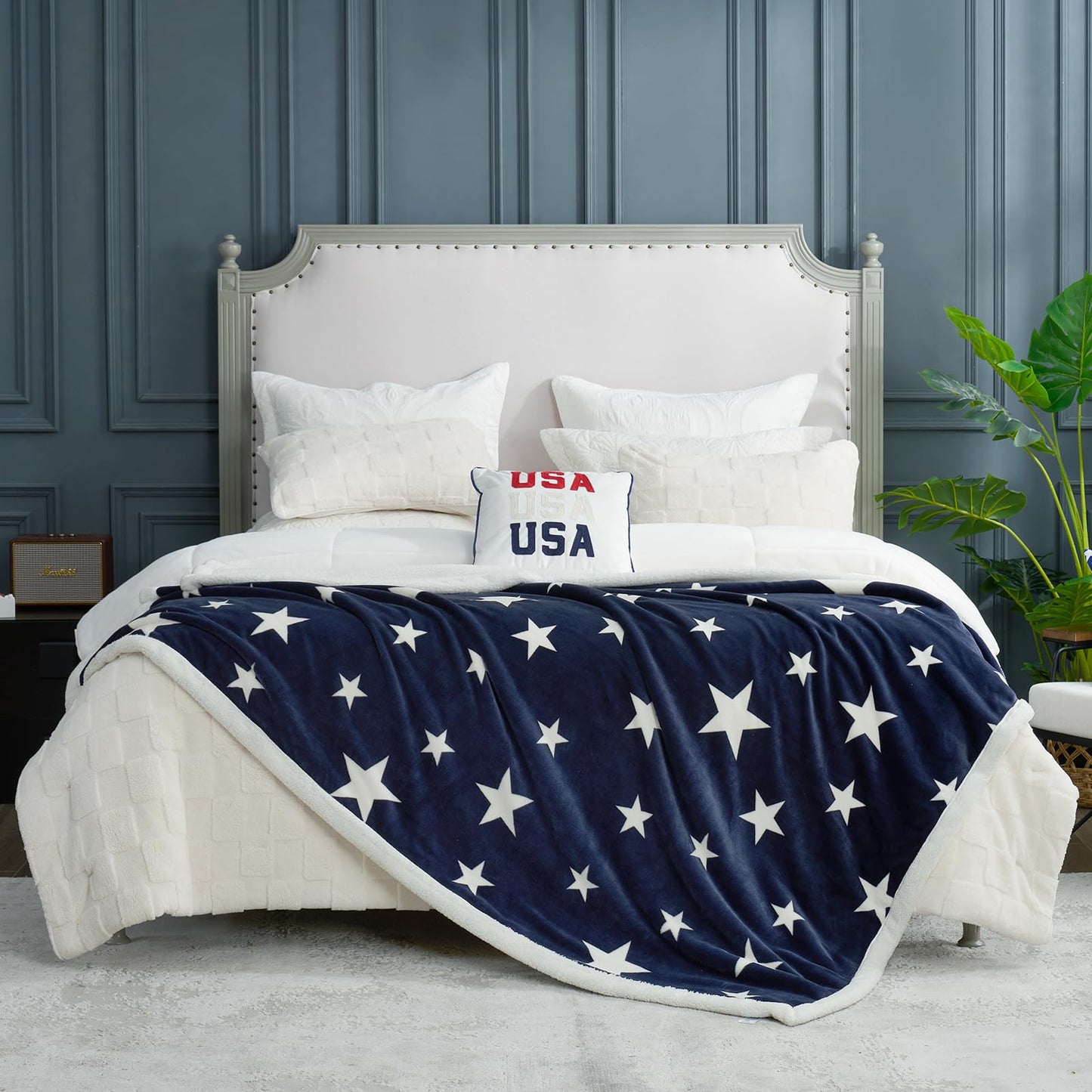 Cozy Bliss Patriotic Throw Blanket for Couch, Luxury Reversible Sherpa Throw with Star Design, Thick Warm Cozy Soft Blanket for Sofa, Bed, Home Decor and Gifts, Navy Blue, 60" x 80"