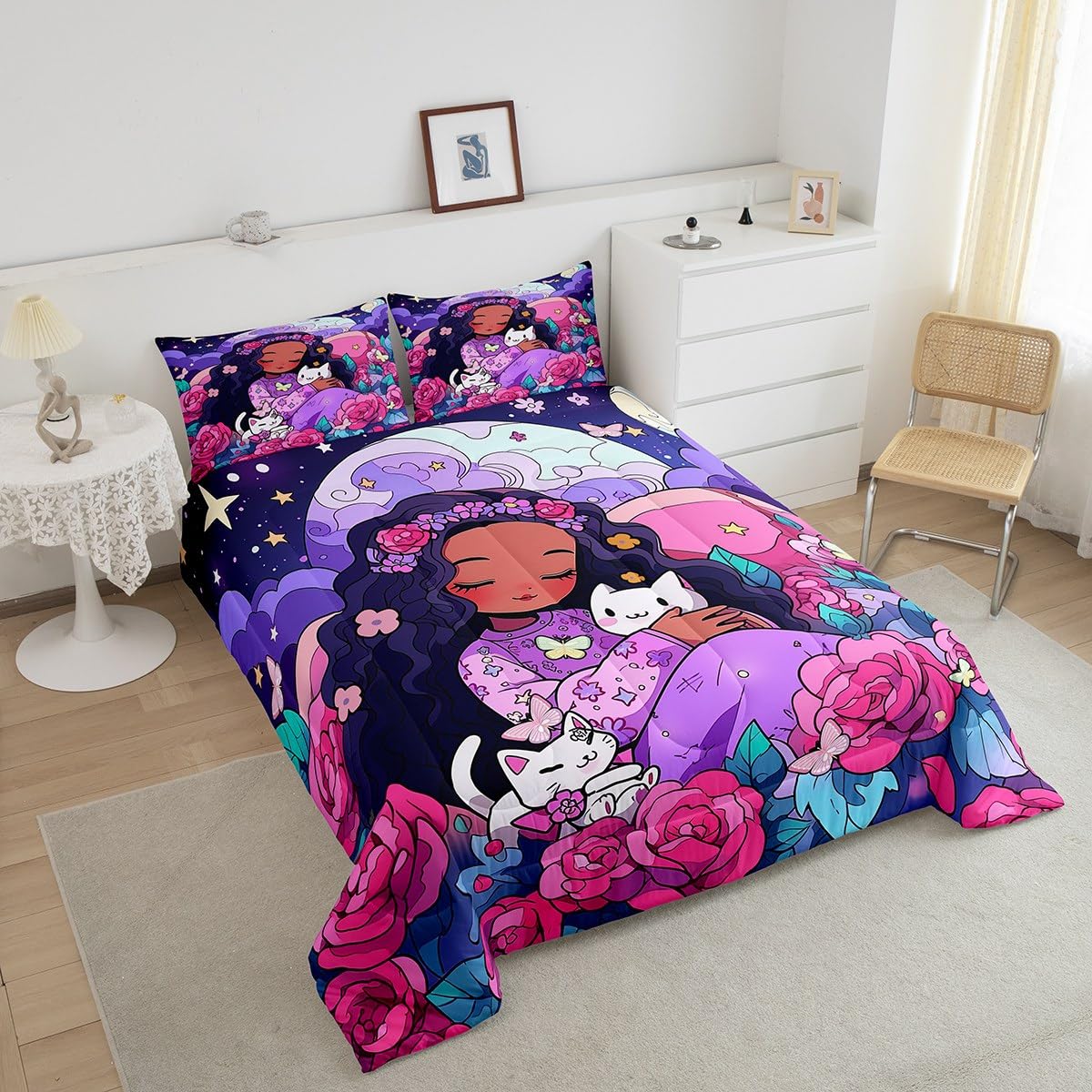 Erosebridal Black Girls Bedding Set Afro Girl Twin Comforter Set for Girls,Cat Flowers American African Princess Magical Quilt for Toddler Kids Teenager,Cute Room Decor