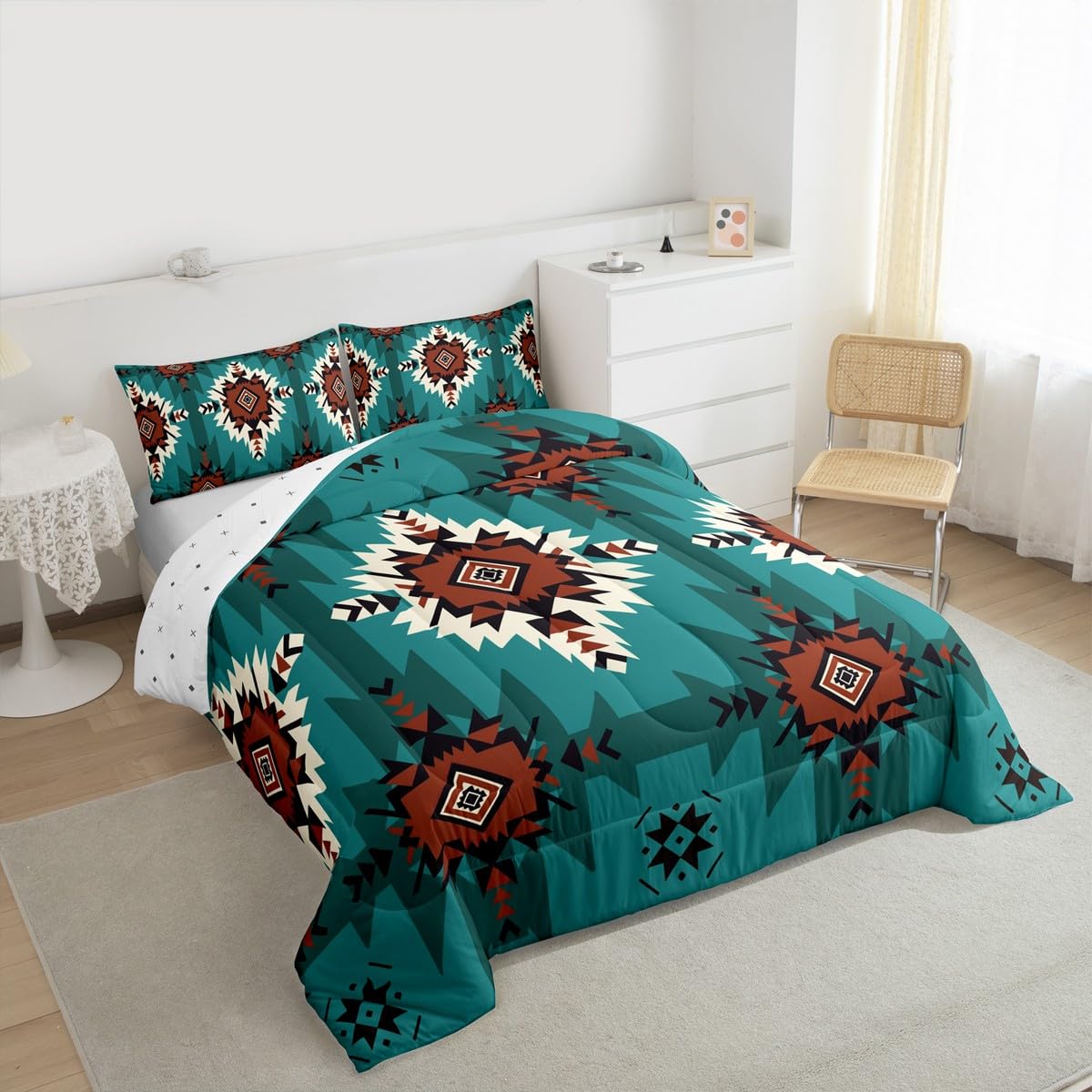 jejeloiu Native American Comforter Set Queen Size Western Aztec Bedding Set for Kids Boys Girls Boho Duvet Quilt Geometric Bedroom Decor Microfiber 3 Pcs with 2 Pillow Cases