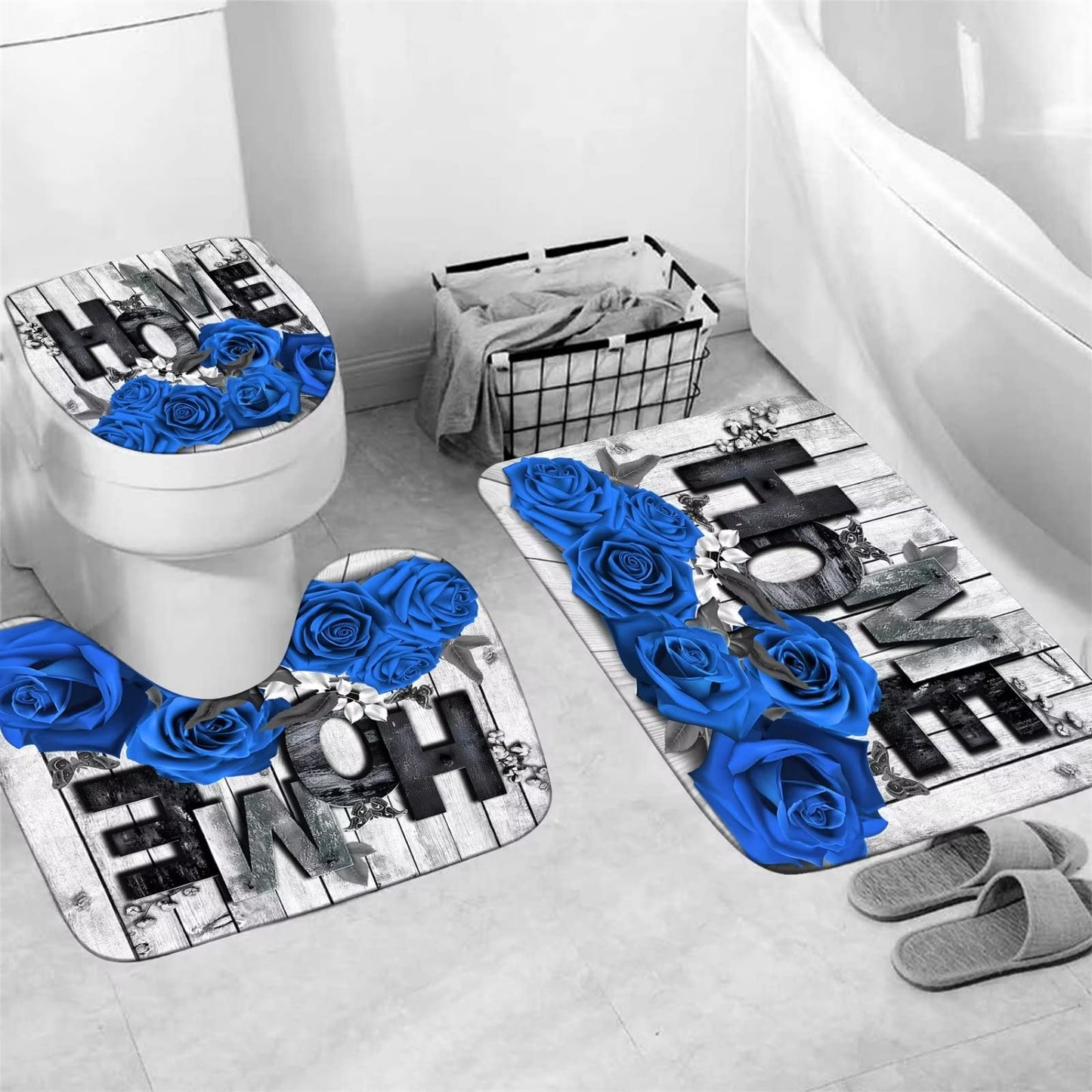 Yddsky Blue Rose Valentines 4 Pcs Shower Curtain Sets Non-Slip Rugs Bath Mat Toilet Cover U Shaped Mat Romantic Blue Bathroom Decor with 12 Hooks Valentines Day Bathroom Set