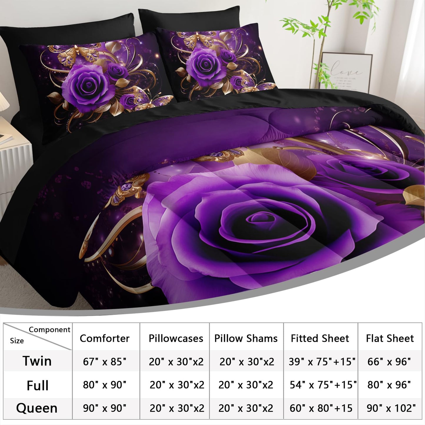 AILONEN Gold Purple Rose Flower Comforter Set Queen - 7Pcs Soft Floral Butterfly Bed in a Bag -Girls Rose Comforter,Fitted Sheet,Flat Sheet,2 Pillowcases,2 Pillow Shams for Women