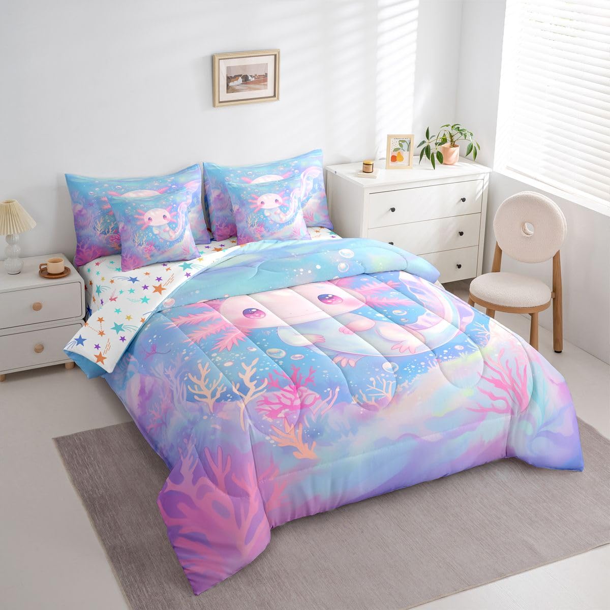 Erosebridal Coral Axolotl Ombre Cute Purple Blue Kids 7 Piece Bedding Set Twin | Salamander Cartoon Comforter Set with Sheets Ocean Sealife Kawaii Bed in A Bag Seaweed Bed Sets