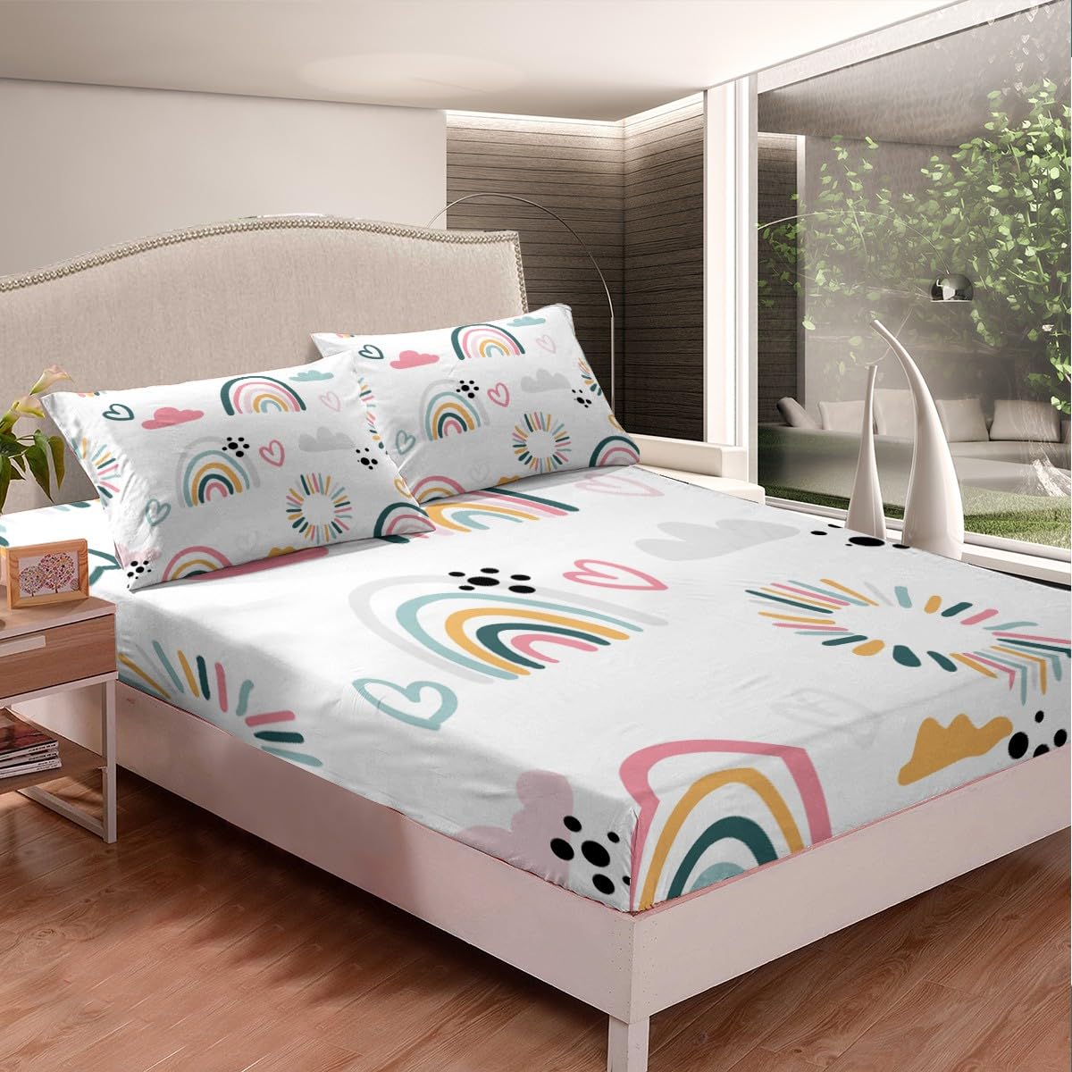 Girls Catoon Rainbow Sheet Set Pink Love Heart Bed?Sheets?Set Decor Cute Cloud Sheets?with?Deep?Pocket?Fitted?Sheet Kawaii Stripes Polka Dots Theme White Bedding?Set Bedroom Quilt Cover 4Pcs Full
