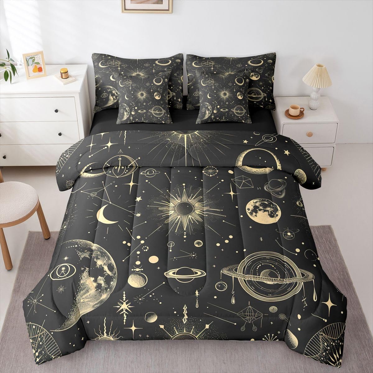 Erosebridal Galaxy 7 Piece Bedding Set Queen Sun Moon Comforter Set with Sheets Starry Sky Bed in A Bag Grunge Style Bed Sets with 2 Pillowcases, 2 Throw Pillow Covers