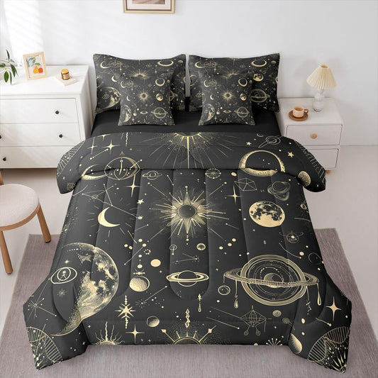Erosebridal Galaxy 7 Piece Bedding Set Queen Sun Moon Comforter Set with Sheets Starry Sky Bed in A Bag Grunge Style Bed Sets with 2 Pillowcases, 2 Throw Pillow Covers