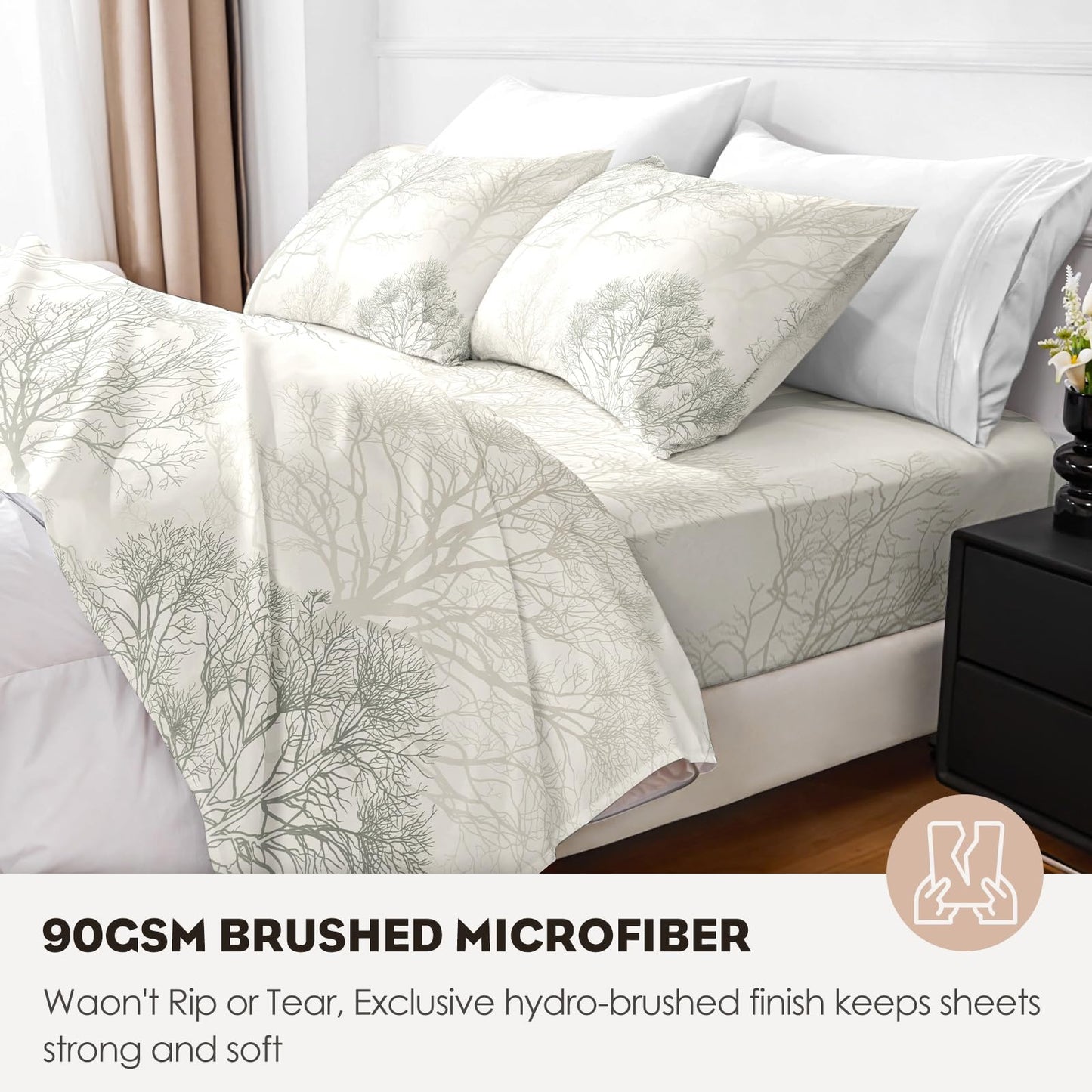 HCORA Floral King Size Sheets Set, Luxury 1800TC Hotel Quality Double Brushed Microfiber Deep Pocket Bed Sheets, Ultra Soft, Breathable and Cooling, 4PC, King