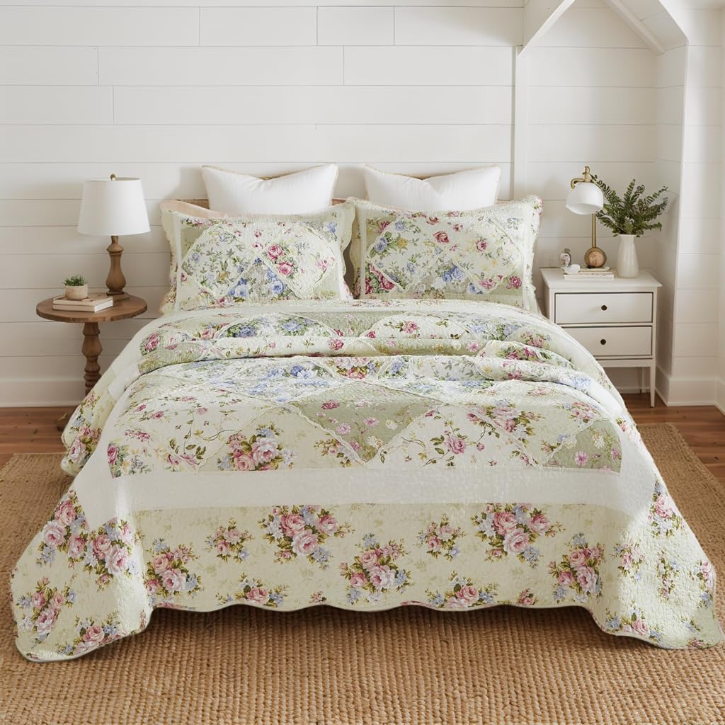 Brandream Patchwork Quilts Cotton Queen Size Country Rustic Rose Floral Bedding Coverlet Set 3-Piece Pale Yellow