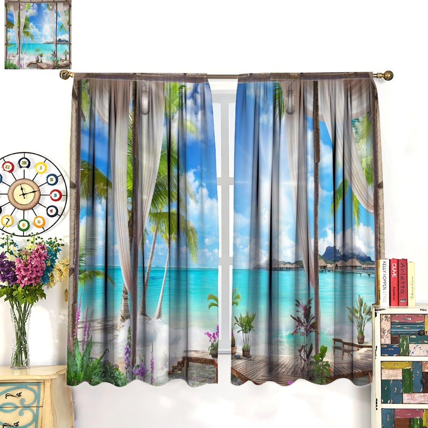 Nitmbi Sunlight Beach Curtains,Tropical Ocean Sea Island Palm Tree Summer Scape Pattern Drapes Window 2 Panel Rod Pocket Curtain for Bedroom Living Room Decor 42" W X 45" L