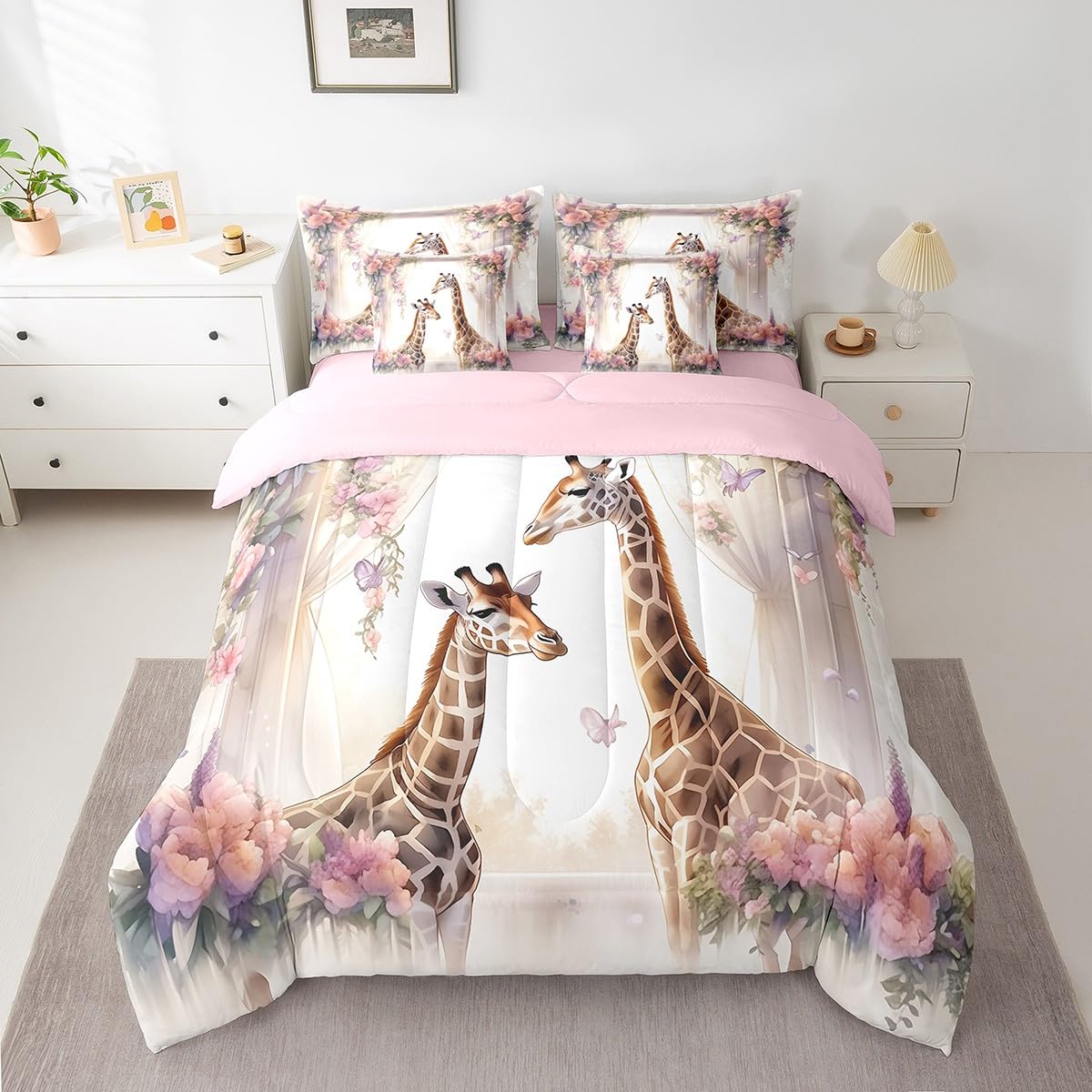 Giraffe 7Pcs Comforter Set Full Size,Pink Rose Flower Bedding Set for Kids Girls Boys Teens Room Decor,Wild Animal Bed in a Bag Romantic Couple Fitted Sheet Flat Sheet,2 Throw Pillow 2 Pillowcases