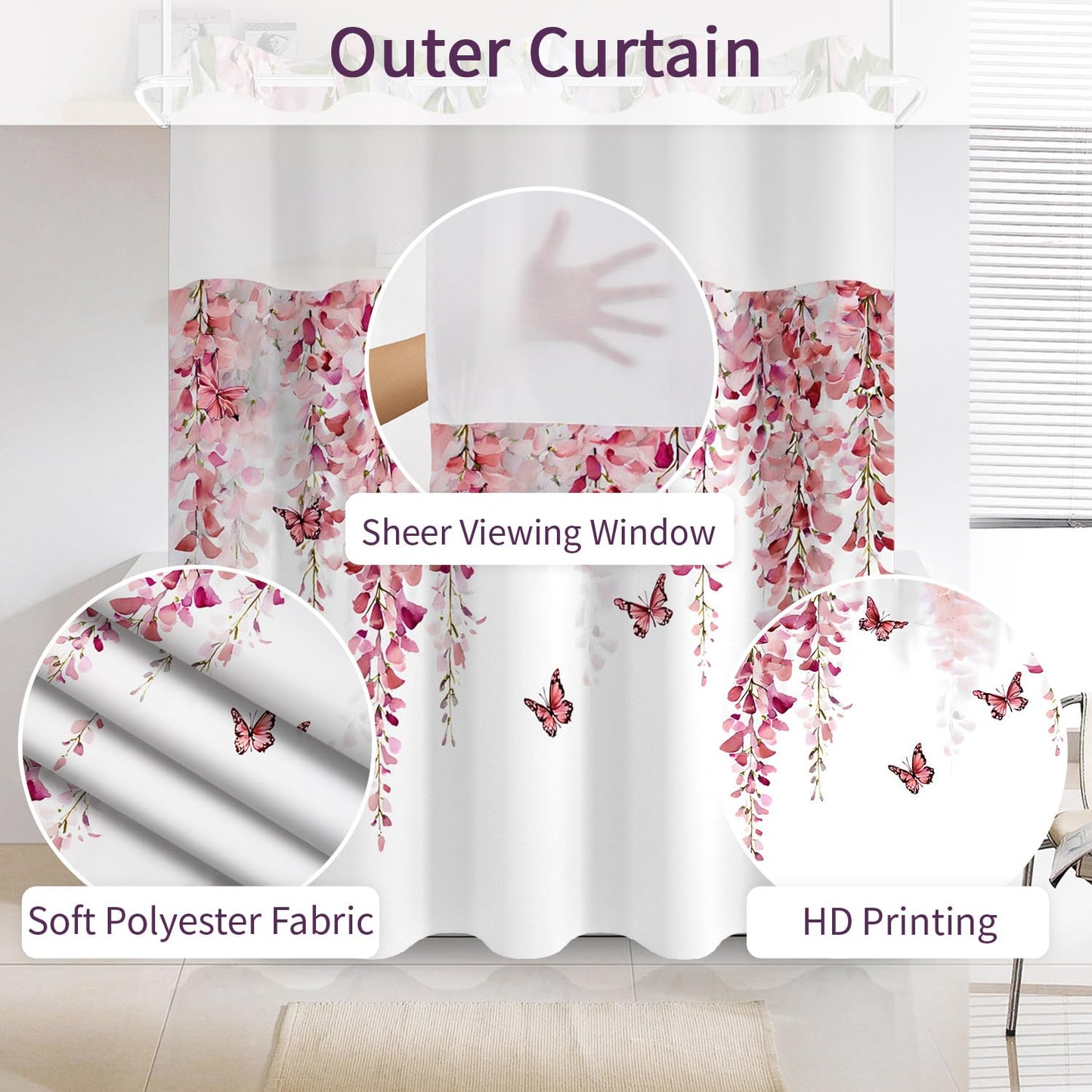 NAEMBCU Boho Floral No Hook Shower Curtain with Snap in Liner Set 71x74 in