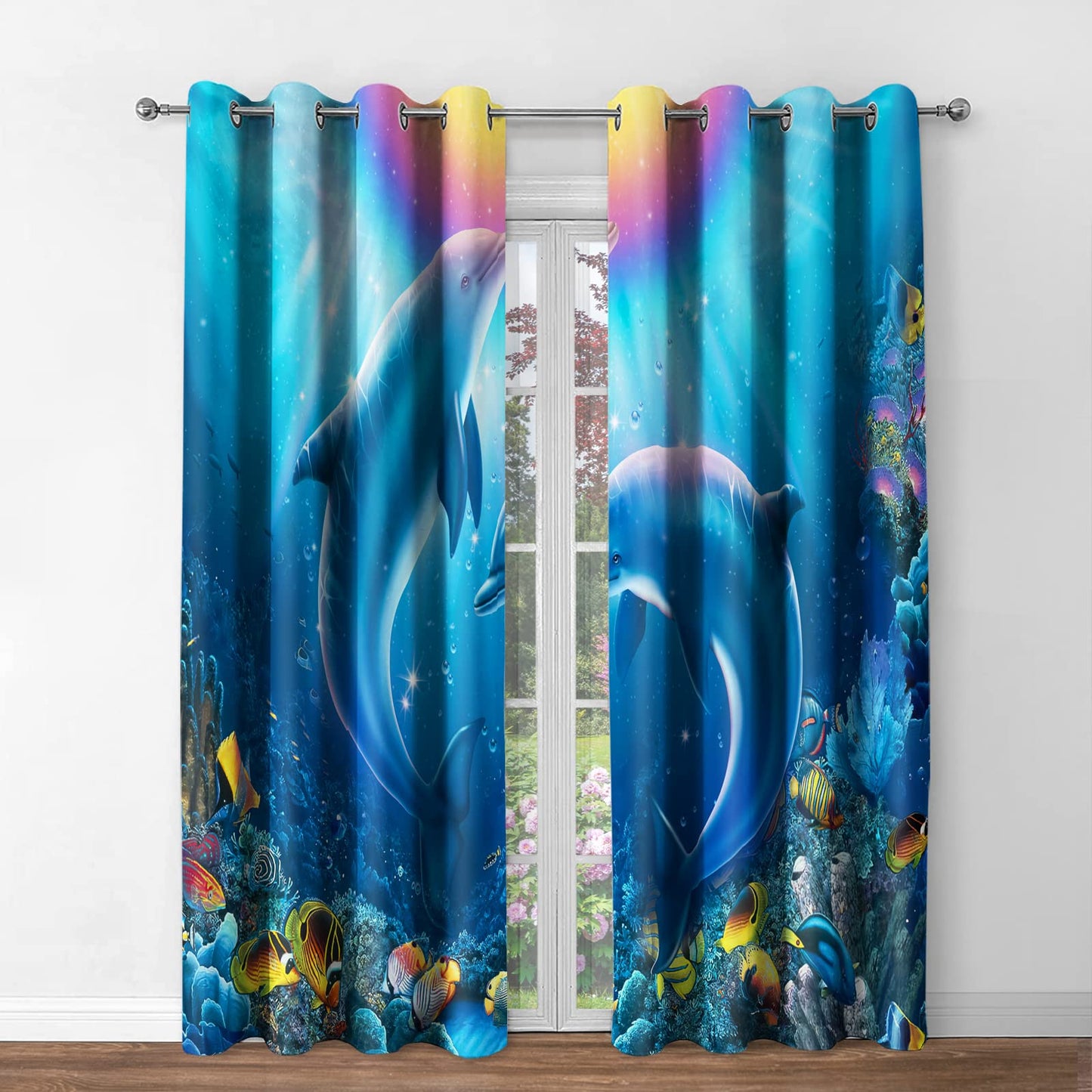 Jekeno Ocean Dolphin Blackout Curtains - Blue Underwater World Coral Tropical Sea Fish Landscape Decor House Bedroom Apartment Living Room Darkening Grommet Window Drapes 2 Panels Set,52x84 Inch