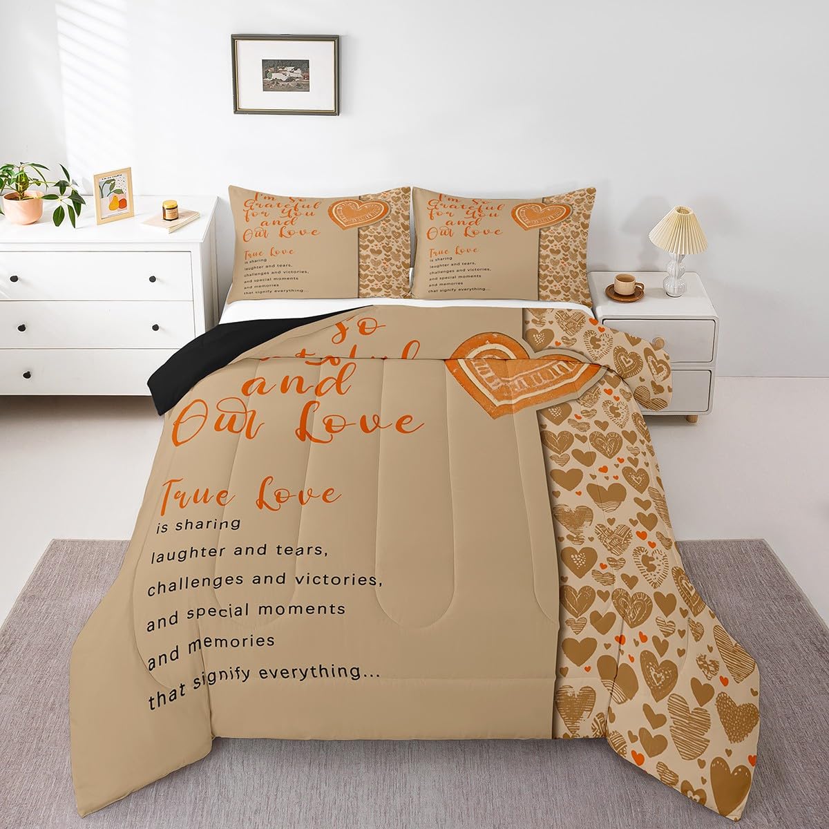 Erosebridal Romantic Love Hearts Comforter Set Queen,Orange Motto Down Comforter,Valentine Gifts Bedding,True Love Bedding Comforter Sets