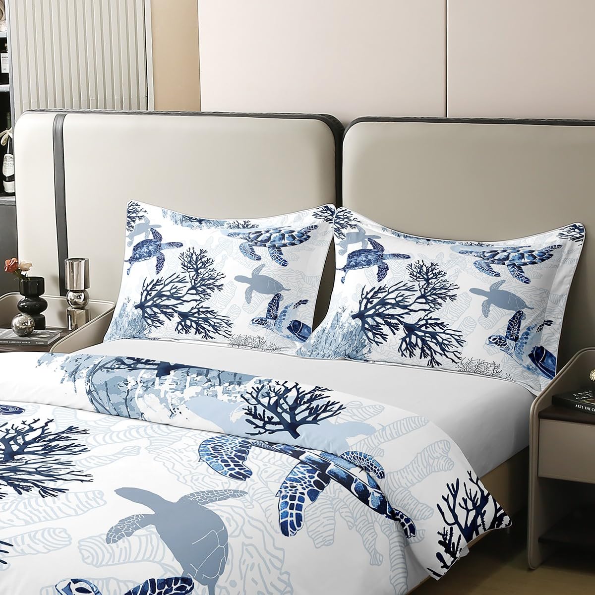100% Cotton Turtle Duvet Cover Queen, White Blue Sea Turtle Bedding Set for Kids Girls Boys, Nautical Coastal Reptile Tortoise Comforter Cover, Ocean Beach Sea Animal Turtle Summer Quilt Cover