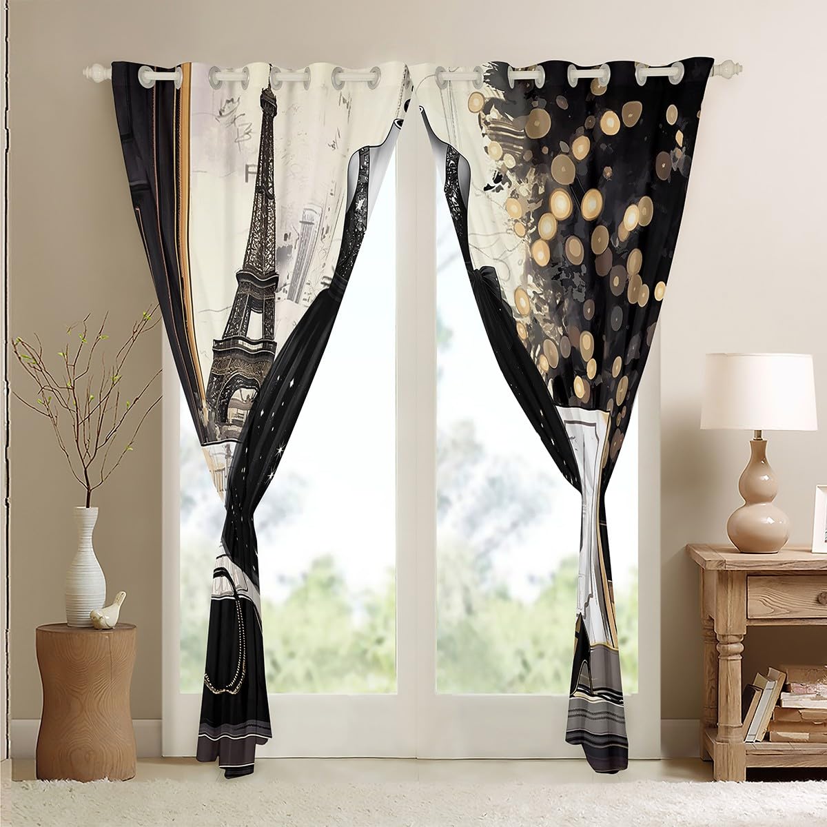Black Dress Blackout Curtains Modern Fashion Curtains Eiffel Tower Paris Themed Bedroom Curtains Fashion Woman Dress Window Curtains Girls Black High Heels Romantic Makeup Decor Curtains,76"Wx45"L