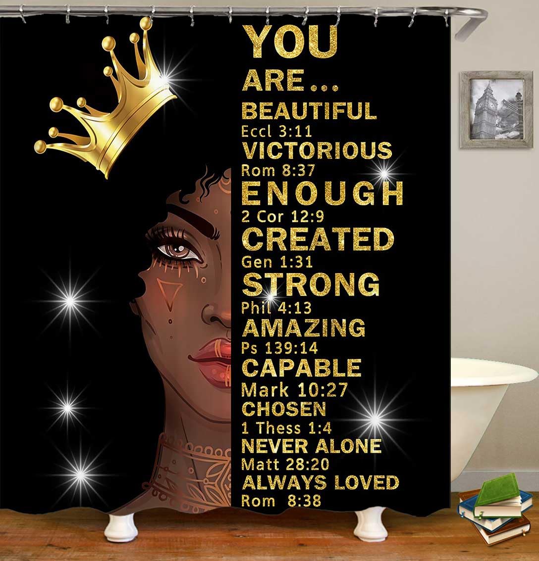 Jayden Madge 4PCS African American Woman Shower Curtain Set, Gold Crown Glitter Inspirational Quotes Ethnic Tribal Afro Girl Melanin Queen Black Women Bathroom Decor, Non-Slip Bath Mat Toilet Rug