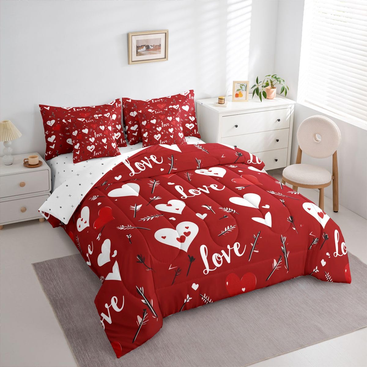 Erosebridal Red Valentines Day Full Bedding Set - Valentines Love Heart Bed in A Bag,Heart Printed Comforter Sets with Sheets, Couple Romance Gifts 7 Pieces Bed Set Bedroom Decor
