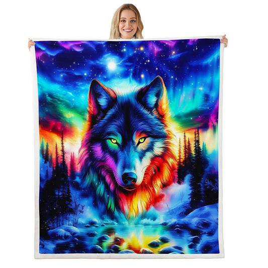 Erosebridal Wolf Twin Size Fleece Blanket Tribal Animal Sherpa Blanket Jungle Wildlife Fuzzy Plush Throw for Children Adult Women Men,Blue Starry Sky Natural Aurora Decor for Sofa Couch Watercolor
