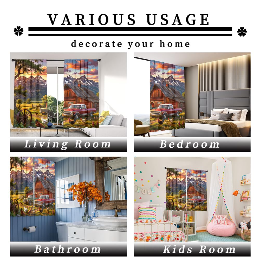 KuracleGH Vintage Farmhouse Wheel Truck Rod Pocket Curtains-Cabin Autumn Mountain Sunset Blackout Curtains & Drapes for Bedroom,Rustic Farm Animal Rooster Window Curtain,2pcs,Each 21“W x 45”L
