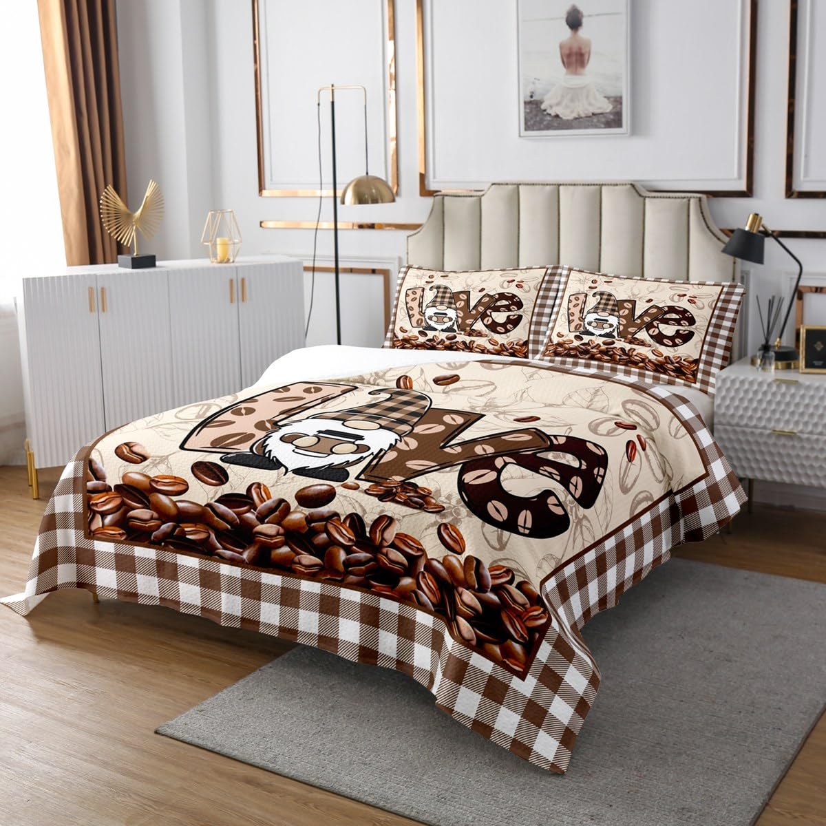Coffee Bedspread Queen Size Geometric Brown White Grid Bedding Set Cartoon Gnome Print Comforter Set 3pcs for Kids Girls Boys Adults Room Decor Quilt Set, 2 Pillowcases