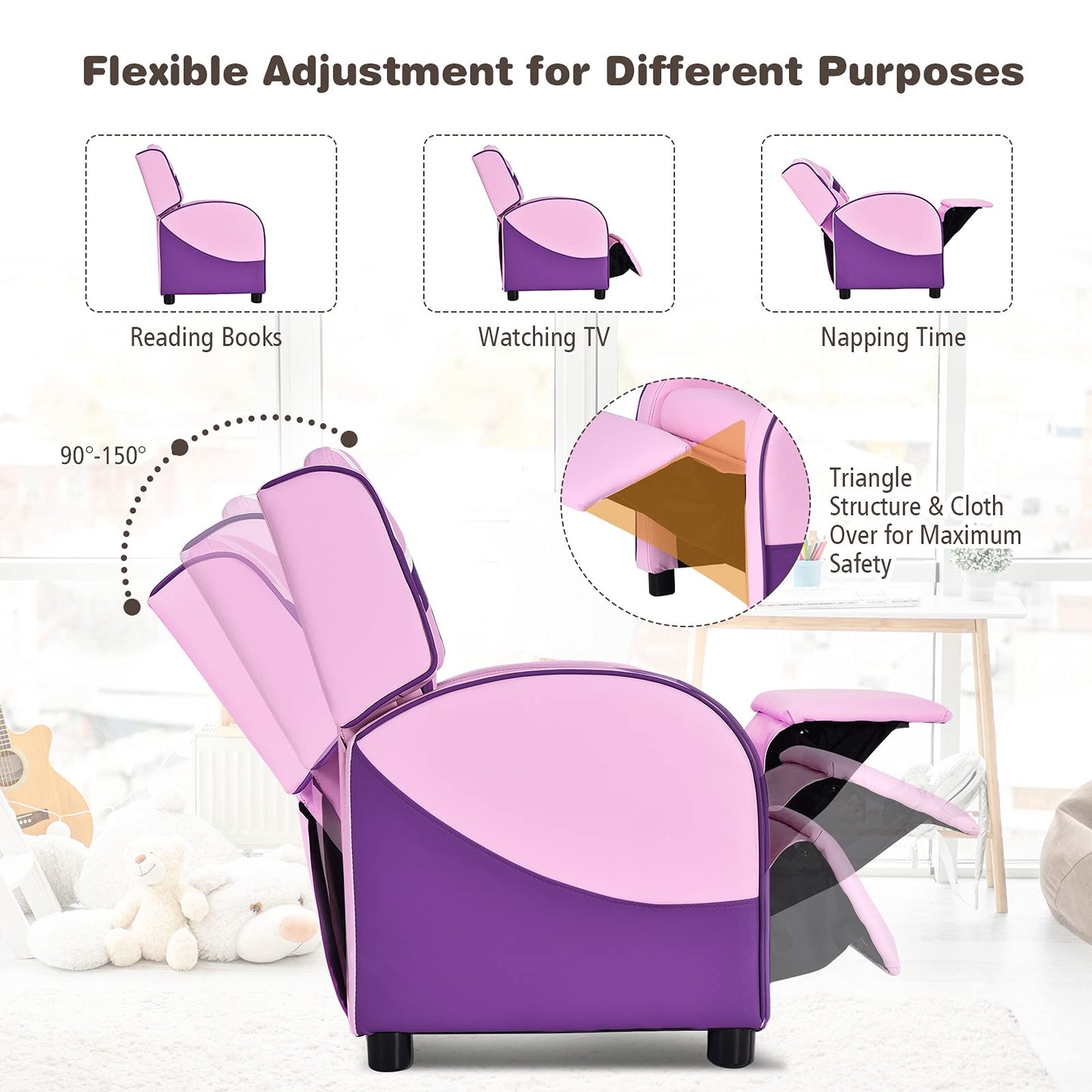 Costzon Kids Recliner, Gaming Recliner Chair w/Footrest, Headrest, Lumbar Support & Side Pockets, Ergonomic Leather Lounge Chair for Living & Gaming Room, Adjustable Recliner Sofa for Boys Girls, Pink