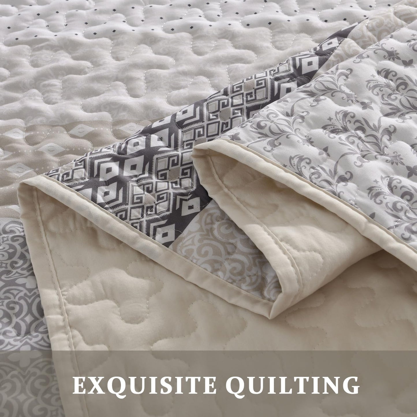 WONGS BEDDING Beige Quilt King Size, Bohemian Stripe Quilt Sets 3 Pieces Boho Quilted Bedspread Set Lightweight Microfiber Coverlet Bedding Set All Season (104"x90")