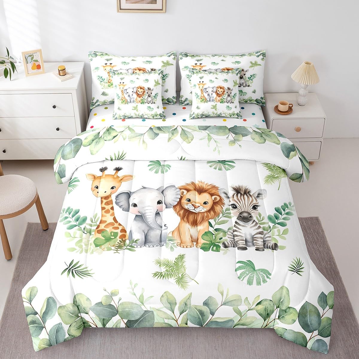 Erosebridal Jungle Animal Twin Size Comforter Set with Sheets | Giraffe Elephant 7-Piece Bedding Set Green Botanical Eucalyptus Palm Leaves Bed in a Bag Zebra Lion Safari Animal Bed Quilt Sets