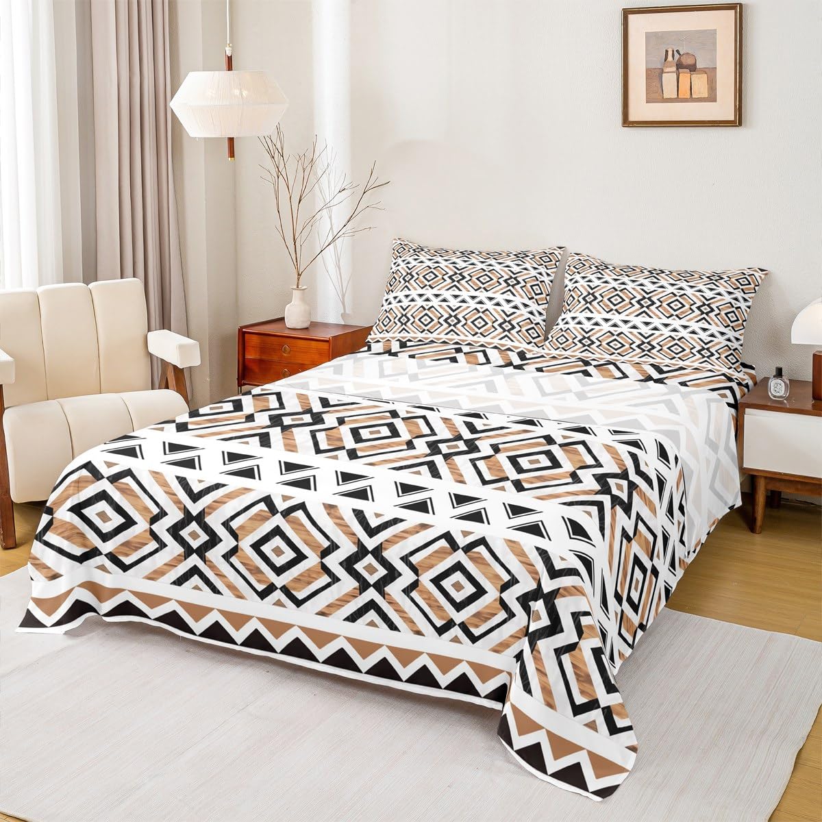 jejeloiu Western Aztec Bed Sheets Set Queen Size Native American Bed Set Ethnic Deep Pocket Fitted Sheet Geometric Breathable Soft Lightweight Microfiber