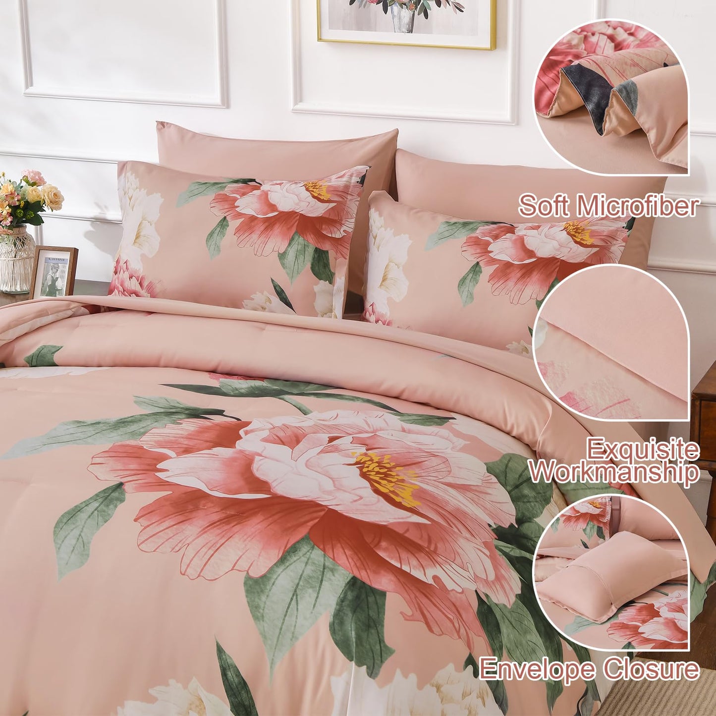 Dobuyly Coral Comforter Set Queen 7 Piece Bed in a Bag for Girls Women, Coral Pink Floral Bedding Set, Soft Microfiber Bed Set with Comforter, Sheets, Pillowcases & Shams