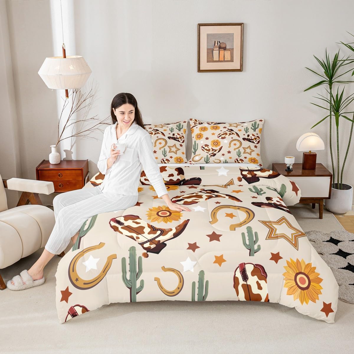 Feelyou Western Comforter Set Full Size Cowgirl Bedding Set for Kids Boys Girls Western Cowboy Boots Duvet Quilt Wild West Cactus Flower Bedroom Decor Beige Microfiber 3 Pcs with 2 Pillow Cases