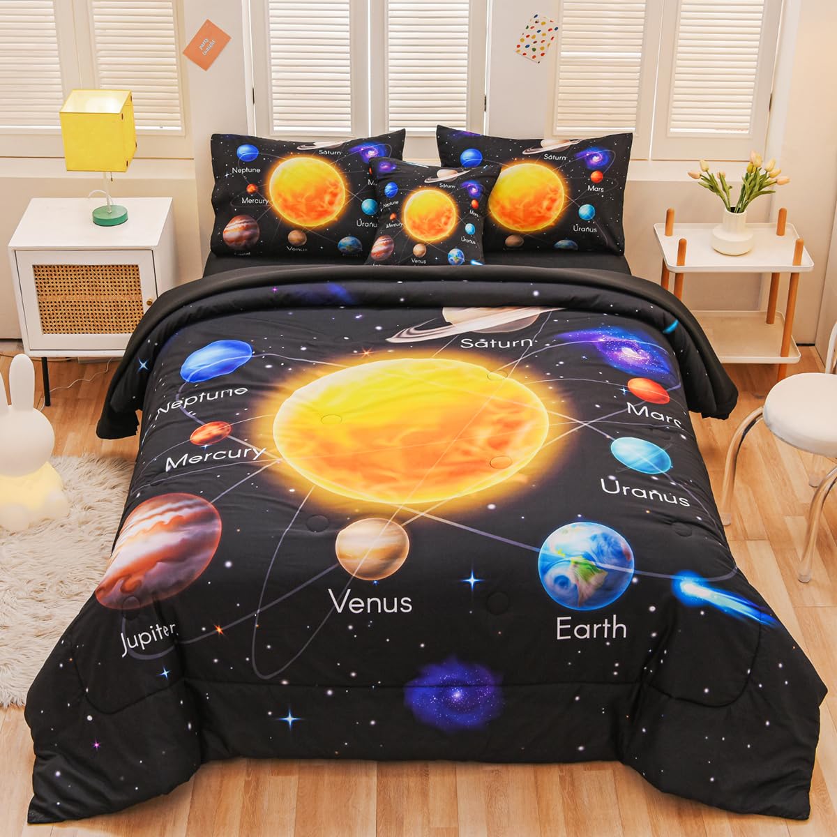 Tasselily 6 Pcs Bed in A Bag Twin Comforter Set for Boys, Solar System Universe Planet Comforter, Space Bedding Sets with Sheets for Kids