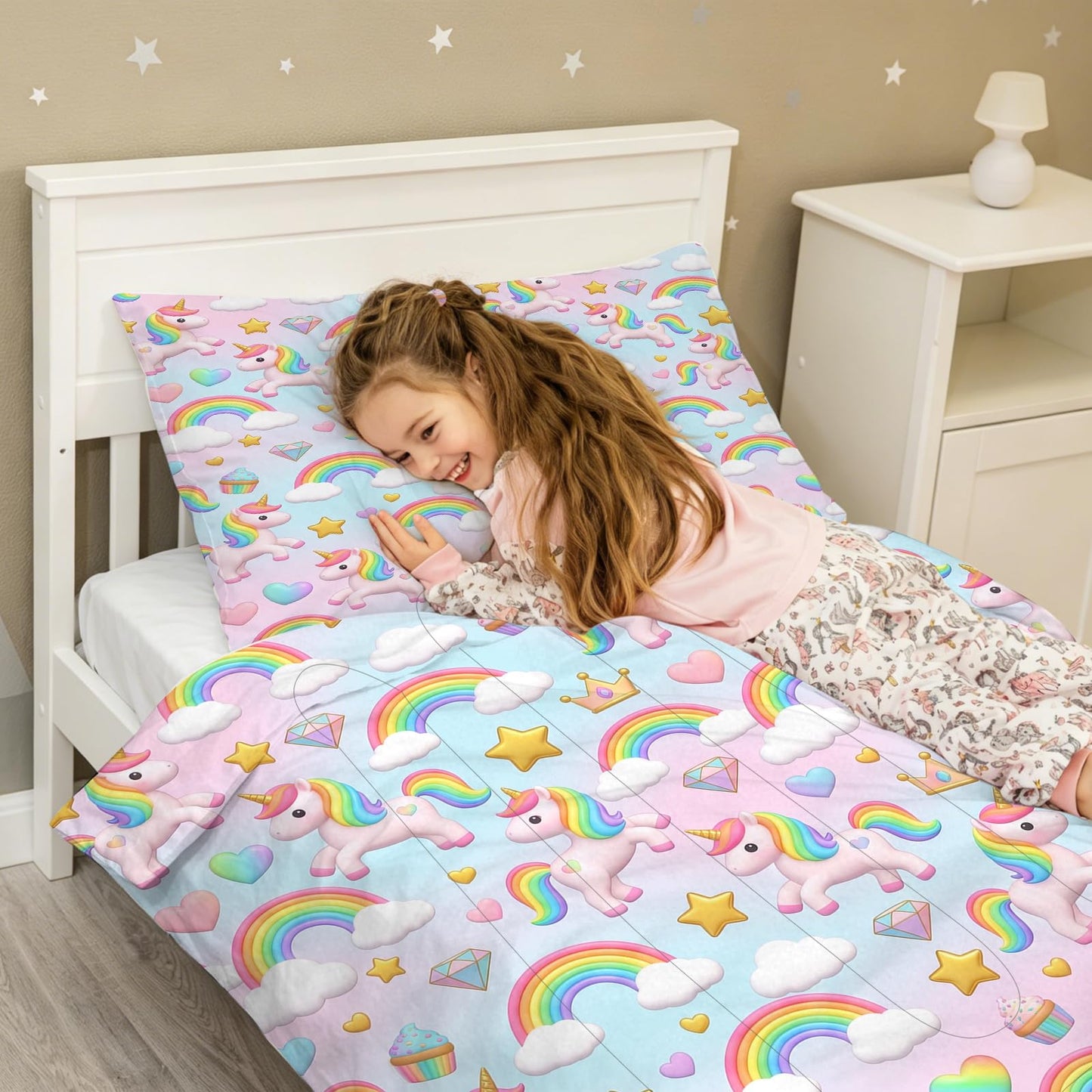 DJNEAR Kids Twin Comforter Sets for Girls, Cute Rainbow Unicorn Printed Kids Bedding Set, Cartoon Fantasy Room Decor for Girls, Lightweight Breathable All Season 1 Comforter 1 Pillowcase