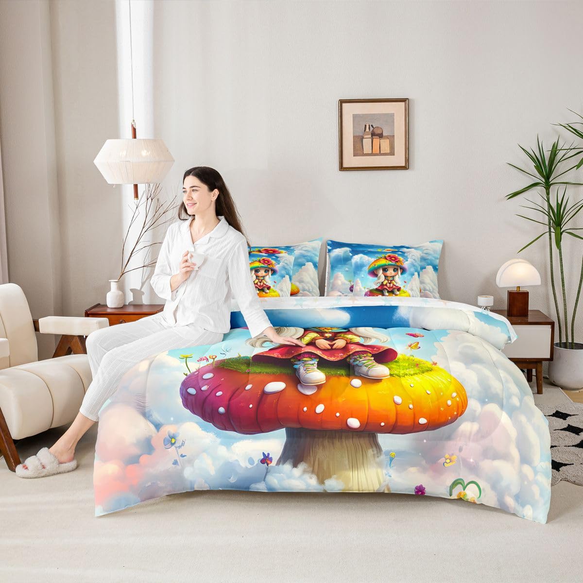 Feelyou Cute Mushroom Decor Comforter Set with Sheets 7 Piece Twin Size Cartoon Mushrooms Bed in a Bag Kids Boys Girls Kawaii Fungus Bedding Set Rainbow Bedroom Decor Breathable Soft Lightweight