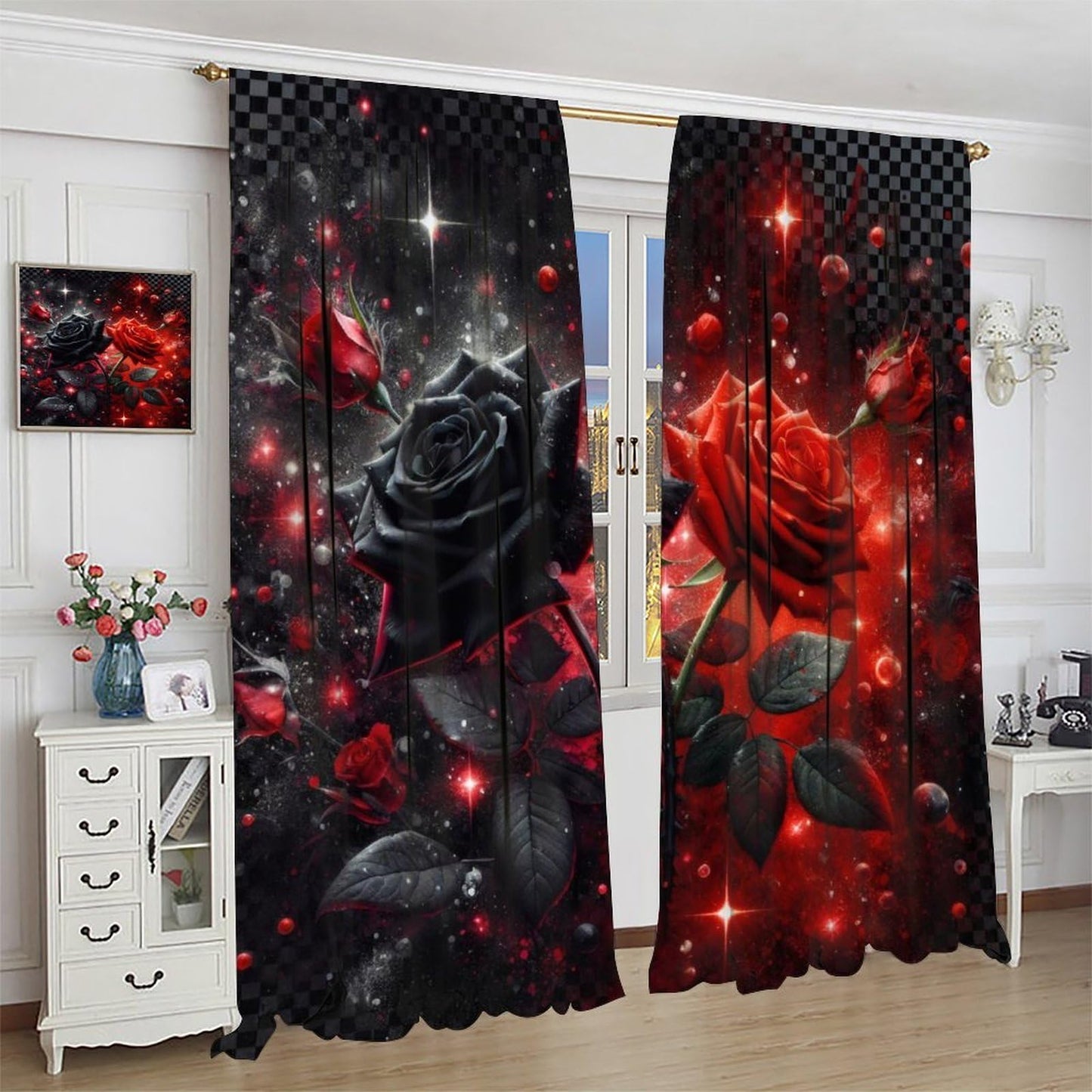 GoDazzling Red Rose Curtains, Valentine's Day Red Rose Abstract Modern Art Black Red Vintage Window Drapes, for Bedroom Living Room 41" W X 45" L (No Blackout)